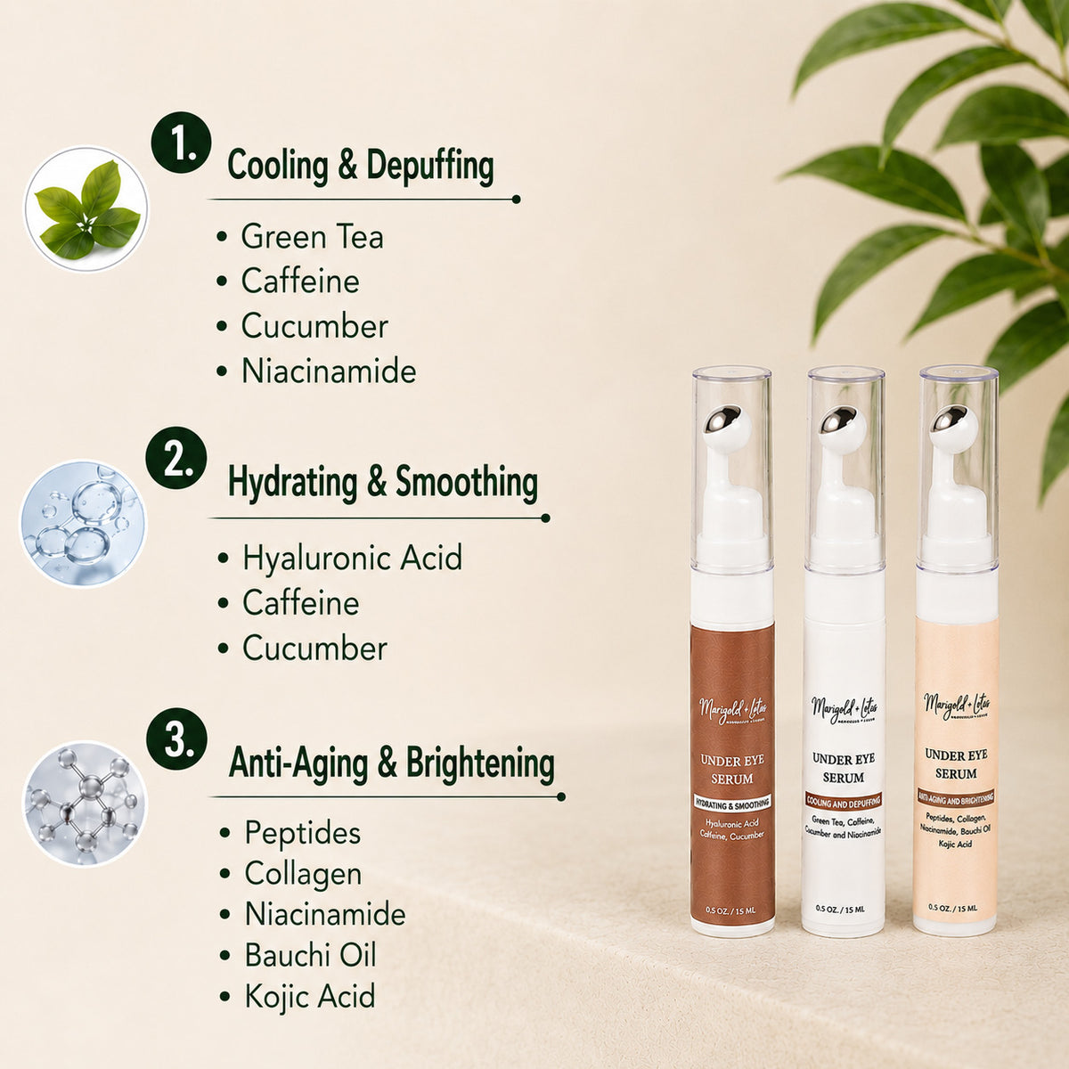 NEW LAUNCH- Marigold - Lotus Under Eye Serum Trio - Hydrating &amp; Smoothing, Cooling &amp; Depuffing, Anti-Ageing &amp; Brightening 15ml each 8596464 4
