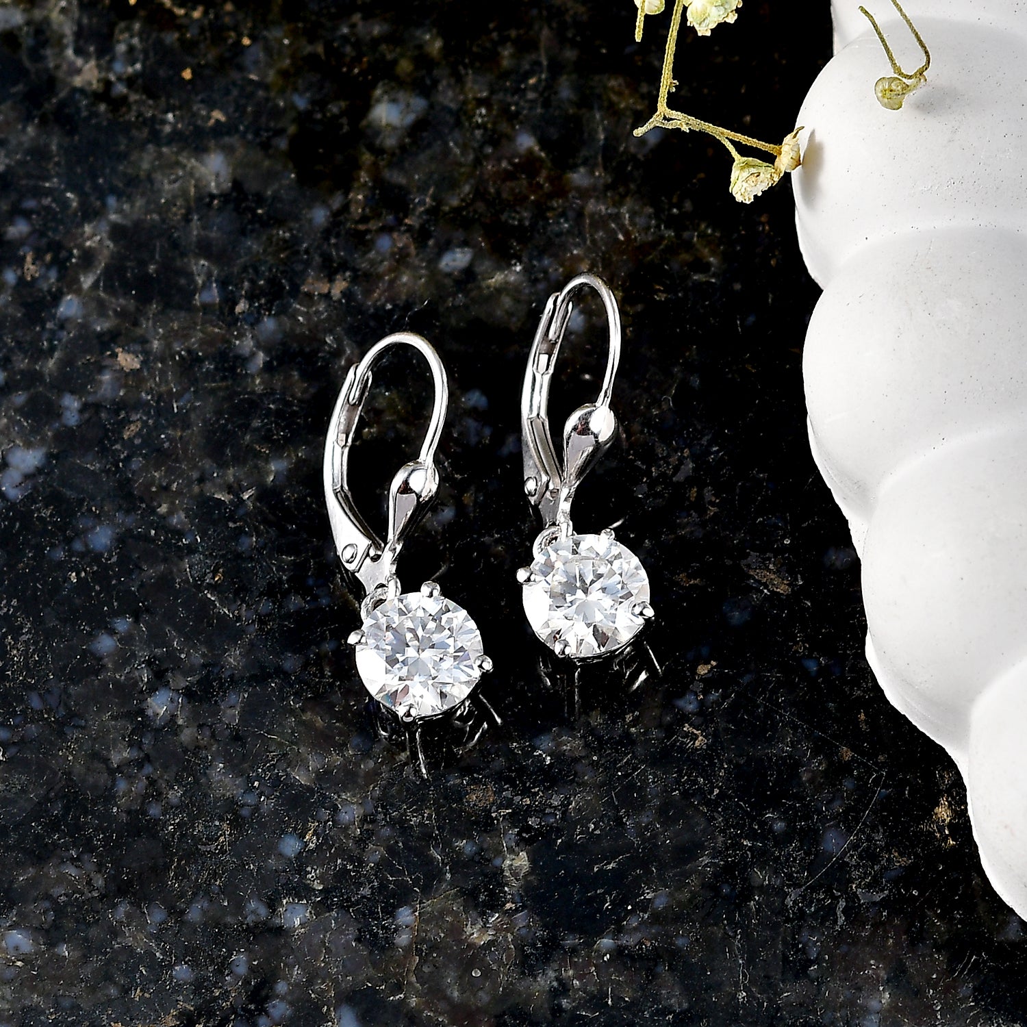D'Joy Moissanite Earring with Lever Back in Rhodium Overlay Sterling Silver 2.40 Ct. 8596483 3