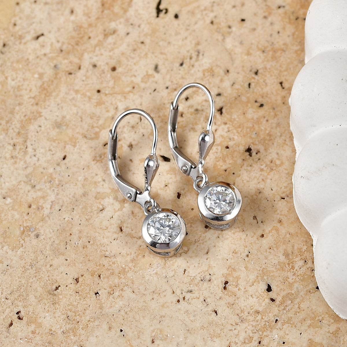 D'Joy Moissanite Solitaire Lever Back Earring in Rhodium Overlay Sterling Silver V32604495 3