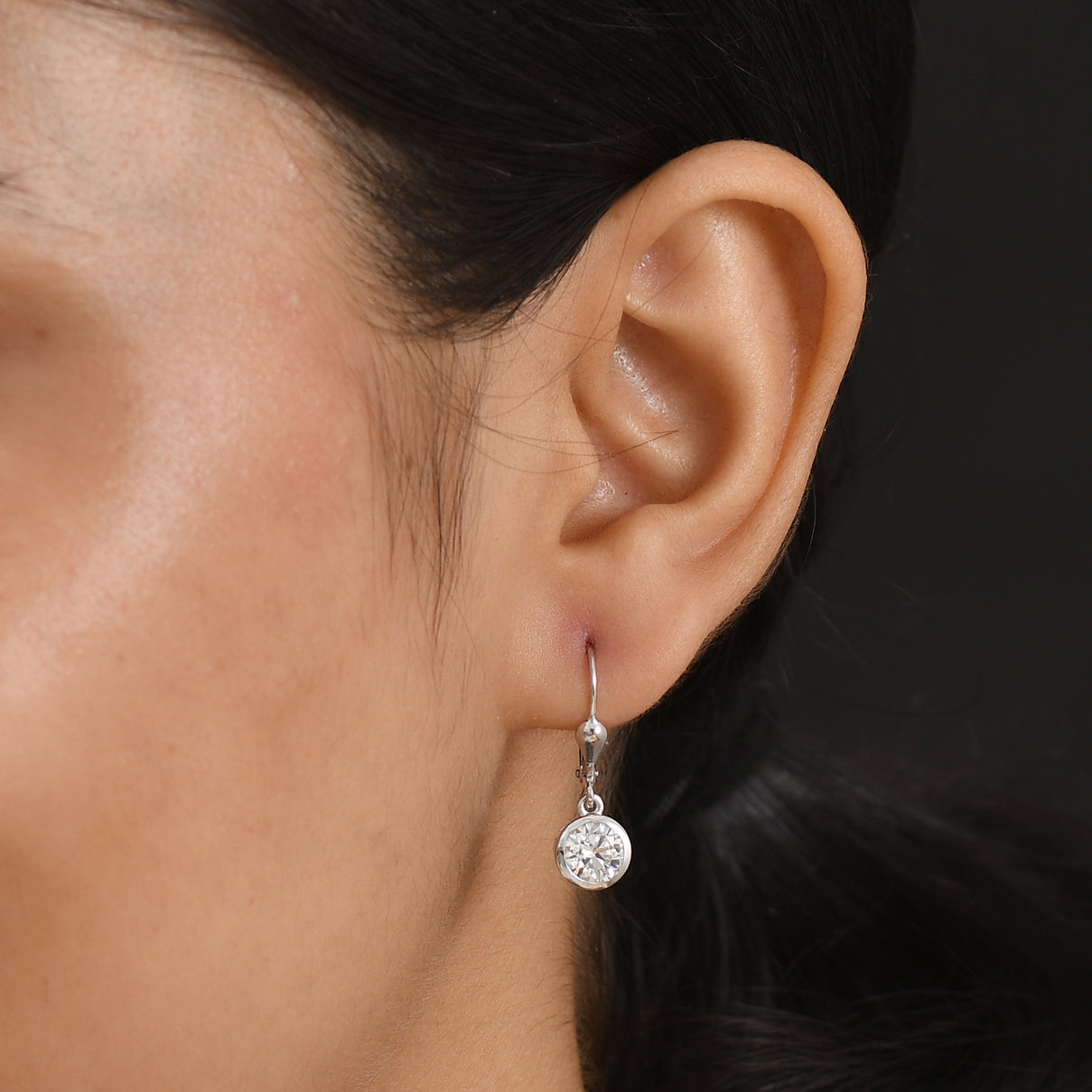 Royal Bali Collection - D'Joy Moissanite Solitaire Lever Back Earring in Rhodium Overlay Sterling Silver 2.00 Ct. 8597533 2