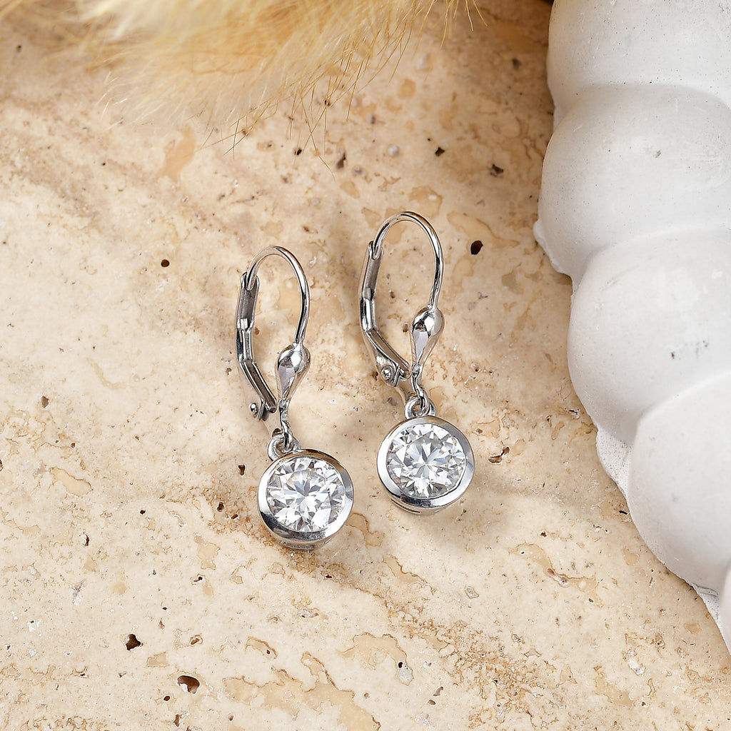Royal Bali Collection - D'Joy Moissanite Solitaire Lever Back Earring in Rhodium Overlay Sterling Silver 2.00 Ct._8597533_2