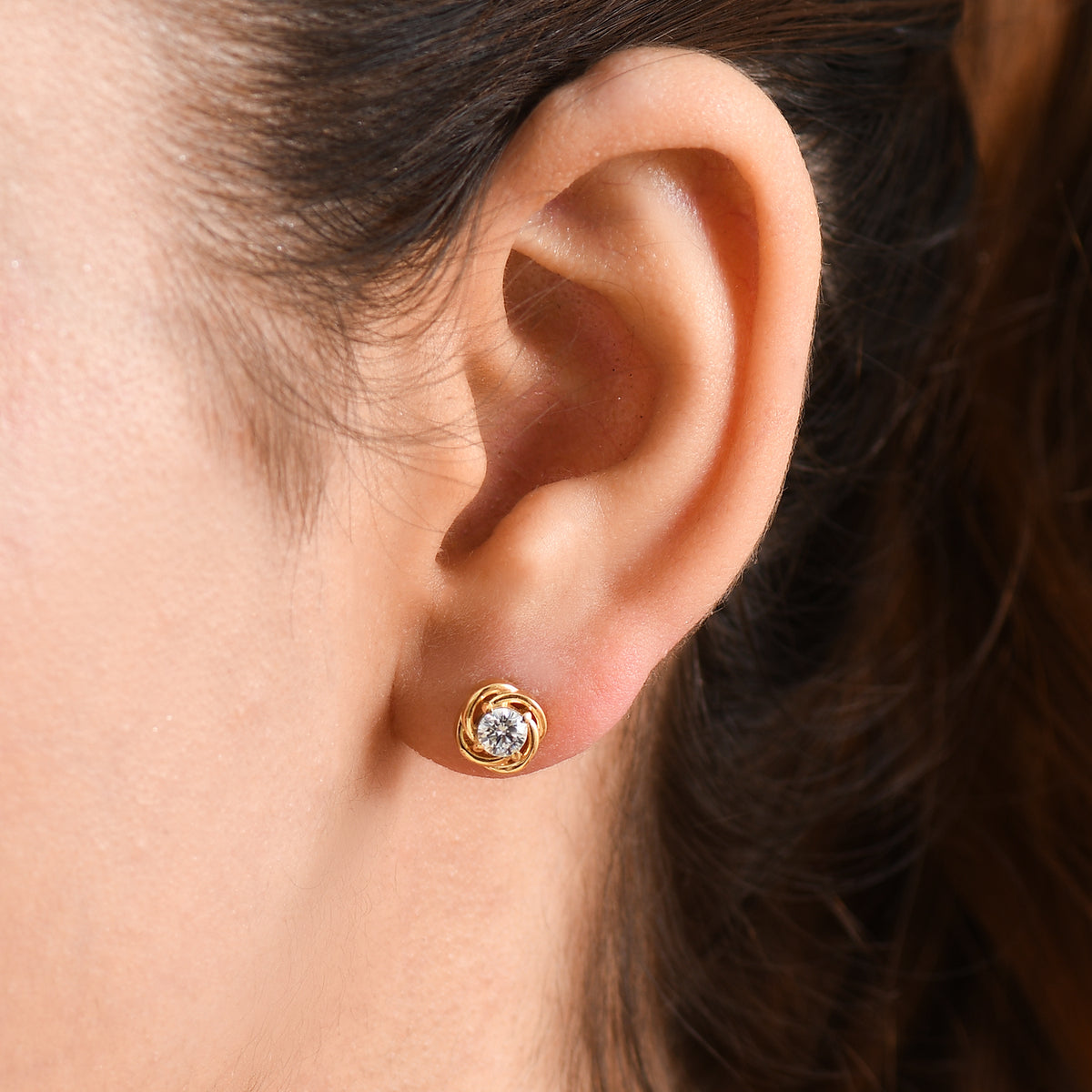 Royal Bali Collection - D'Joy Moissanite Solitaire Stud Swirl Earring in 18K Vermeil Yellow Gold Plated Sterling Silver V32515608 2
