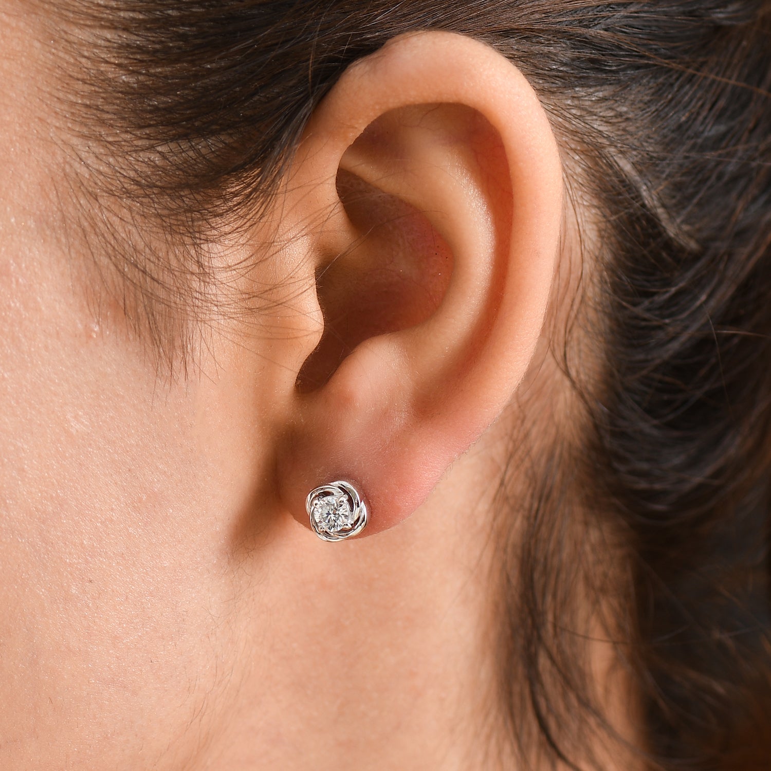 Royal Bali Collection - D'Joy Moissanite Solitaire Stud Swirl Earring in Rhodium Overlay Sterling Silver V32352473 2
