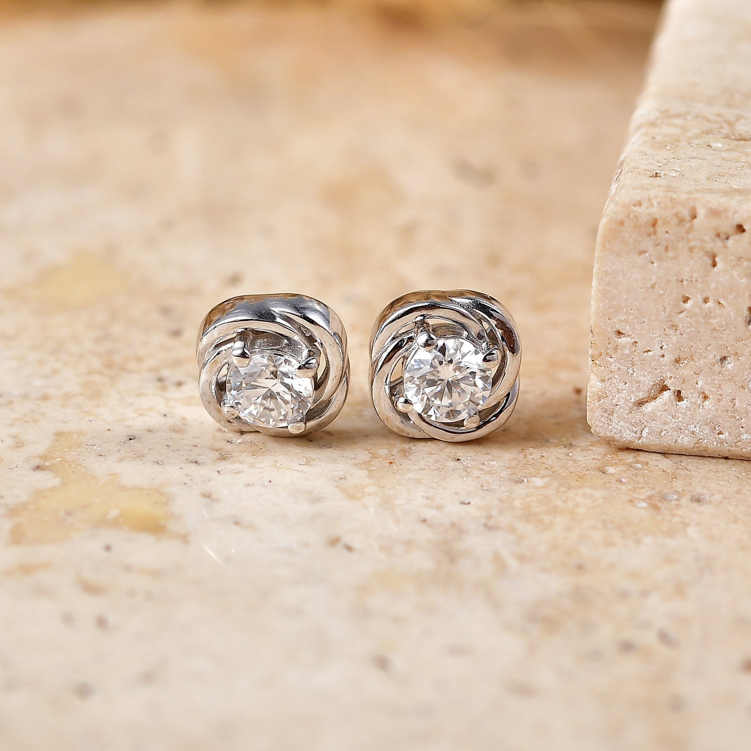 Royal Bali Collection - D'Joy Moissanite Solitaire Stud Swirl Earring in Rhodium Overlay Sterling Silver V32362918 3