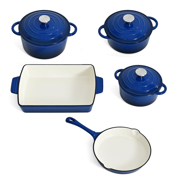 8-Piece Enamelled Cast Iron Cookware Set - 2L, 3L &amp; 4L Lidded Casserole, Bakeware &amp; Square Roaster - Blue 8598151 1