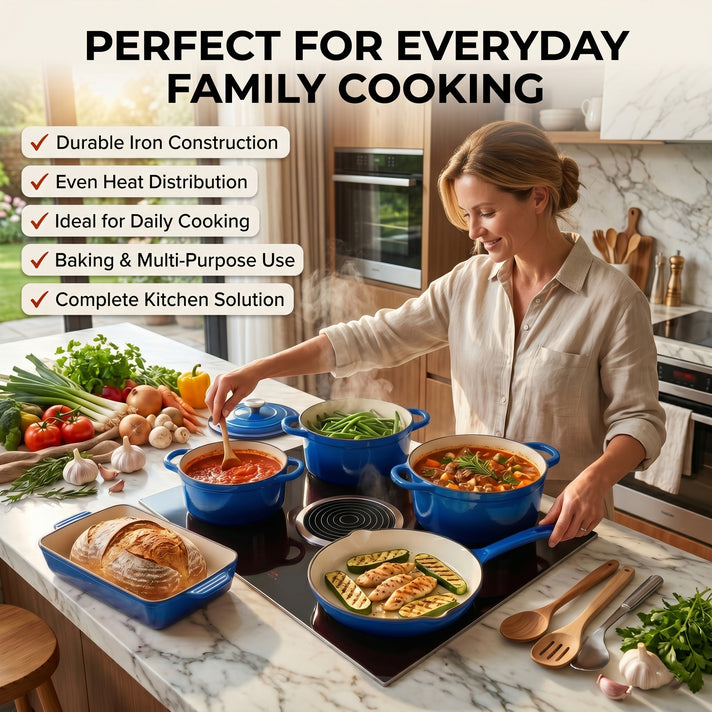 8-Piece Enamelled Cast Iron Cookware Set - 2L, 3L &amp; 4L Lidded Casserole, Bakeware &amp; Square Roaster - Blue 8598151 2