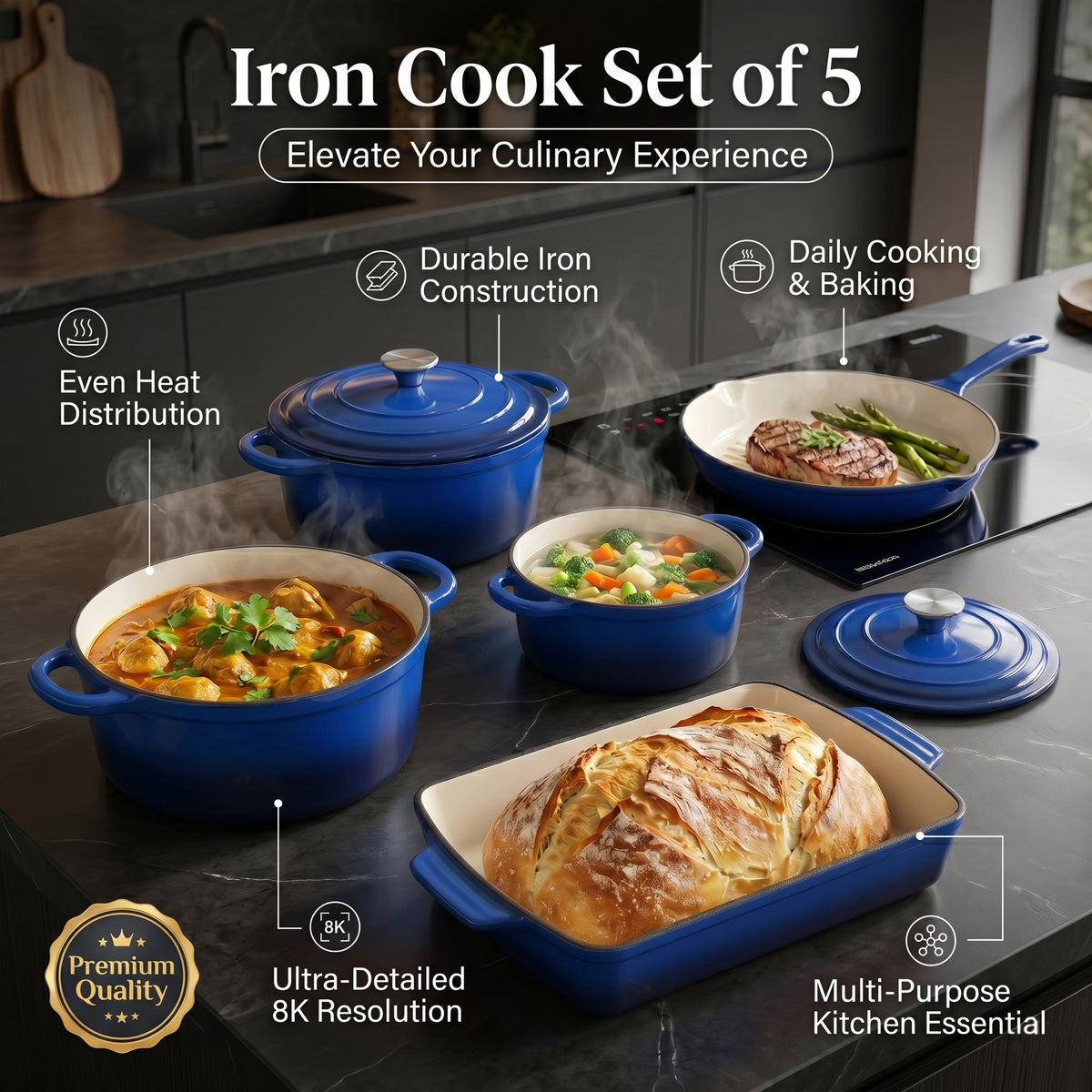 8-Piece Enamelled Cast Iron Cookware Set - 2L, 3L &amp; 4L Lidded Casserole, Bakeware &amp; Square Roaster - Blue 8598151 3