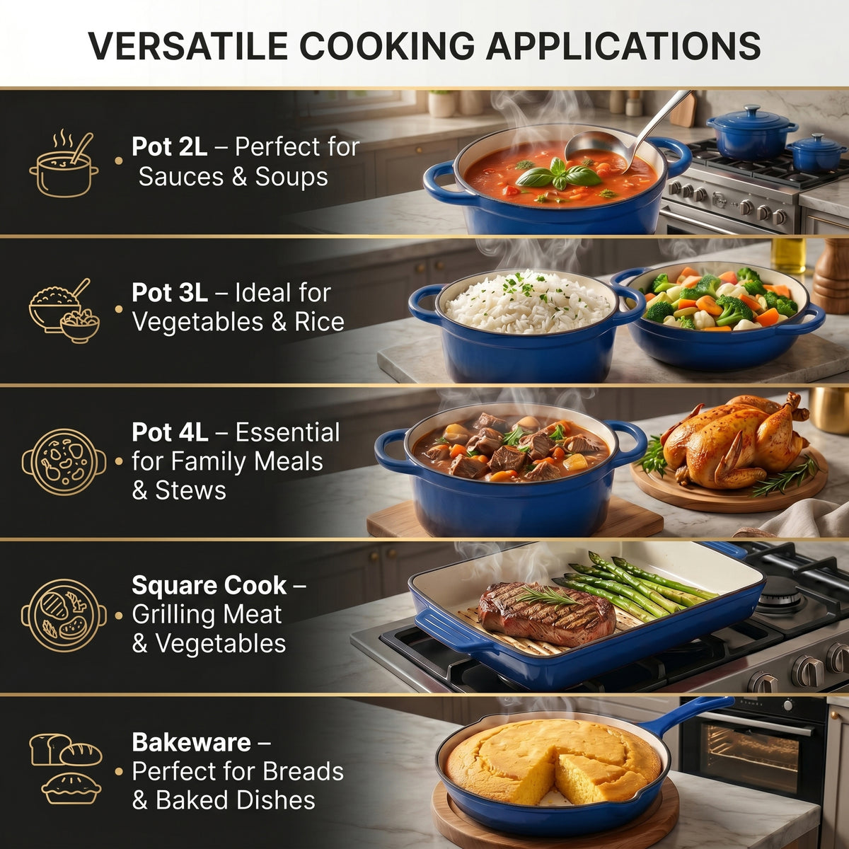 8-Piece Enamelled Cast Iron Cookware Set - 2L, 3L &amp; 4L Lidded Casserole, Bakeware &amp; Square Roaster - Blue 8598151 4