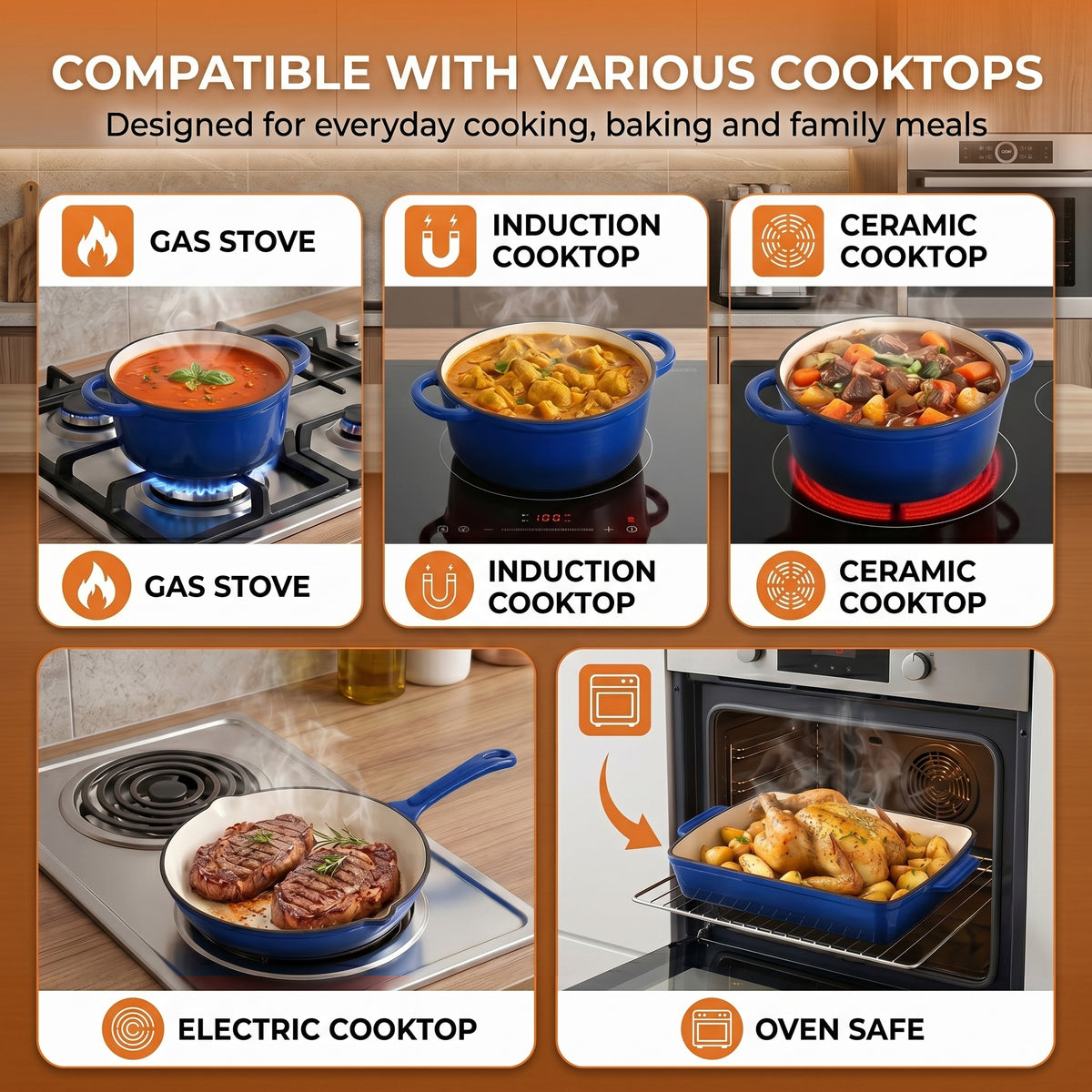 8-Piece Enamelled Cast Iron Cookware Set - 2L, 3L &amp; 4L Lidded Casserole, Bakeware &amp; Square Roaster - Blue 8598151 6