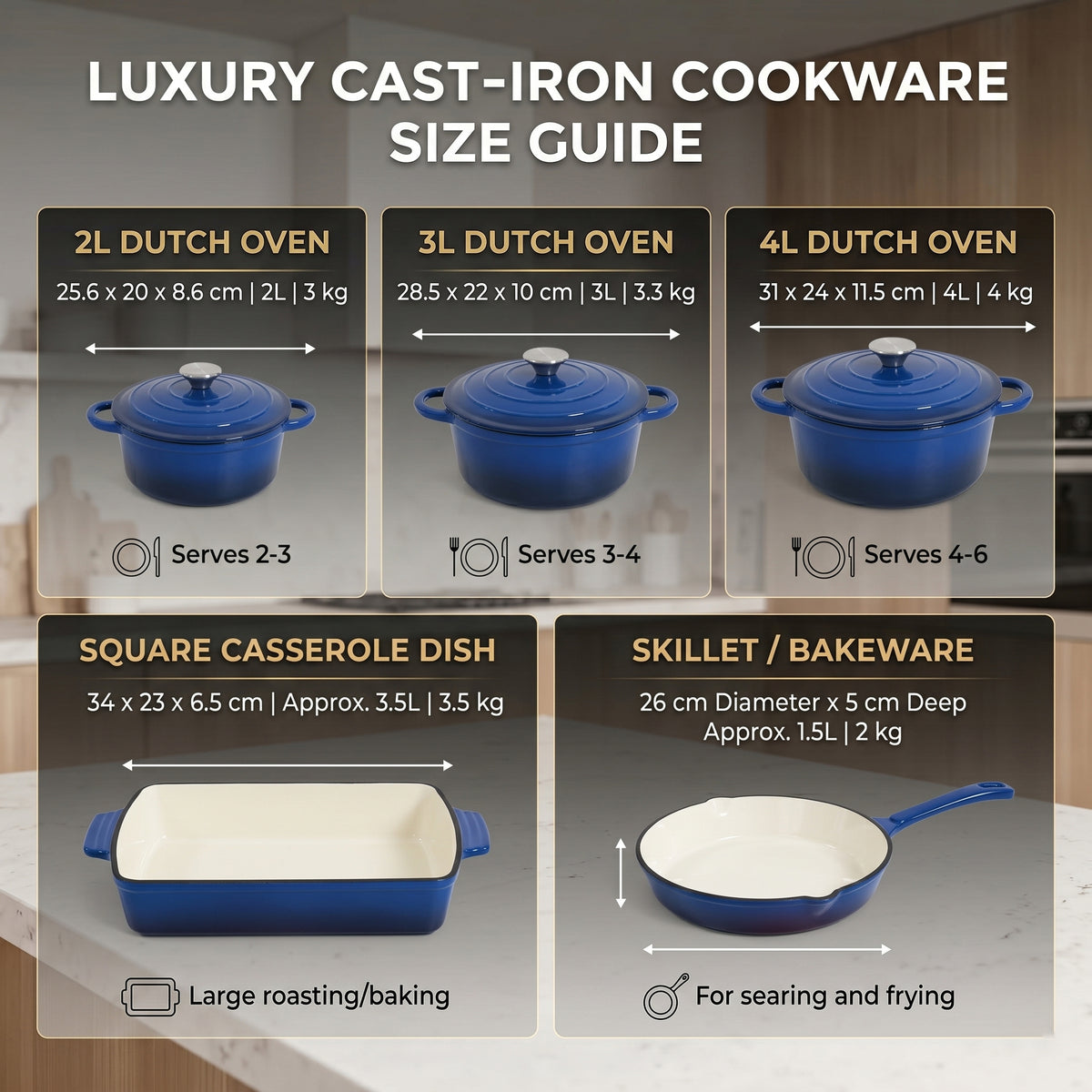 8-Piece Enamelled Cast Iron Cookware Set - 2L, 3L &amp; 4L Lidded Casserole, Bakeware &amp; Square Roaster - Blue 8598151 8