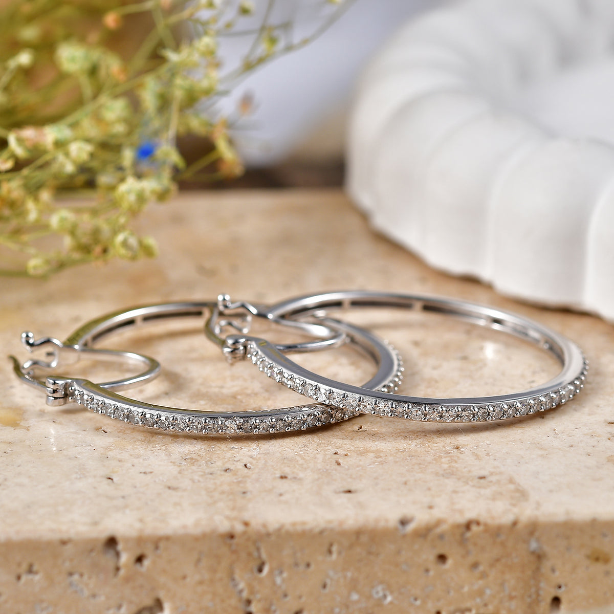 Luxuriant - Lab Grown Diamond (SI/G-H) Large Hoop Earring with Clasp in Rhodium Overlay Sterling Silver 0.75 Ct. 8599189 3