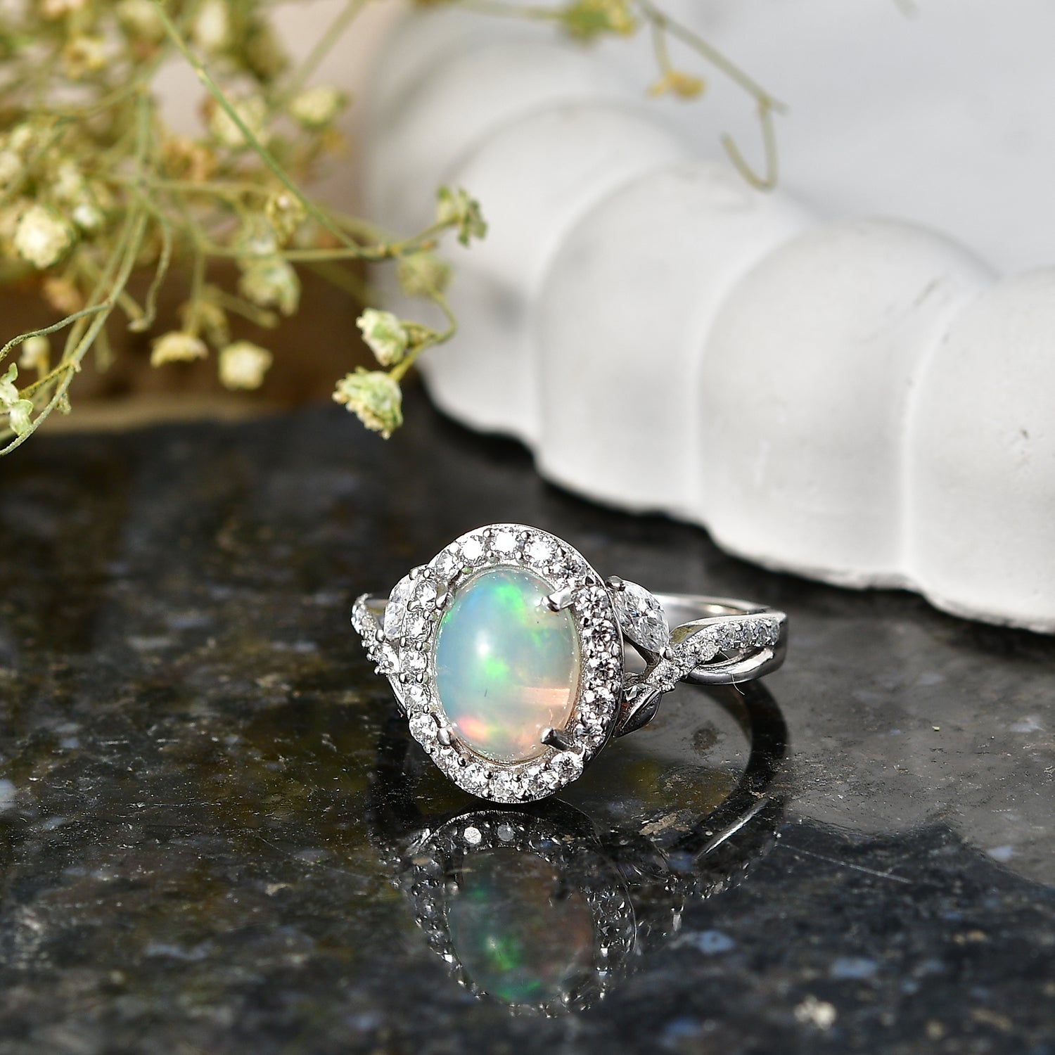 D'Joy Ethiopian Opal &amp; Moissanite Halo Ring in Rhodium Overlay Sterling Silver 1.50 Ct. V32514233 3
