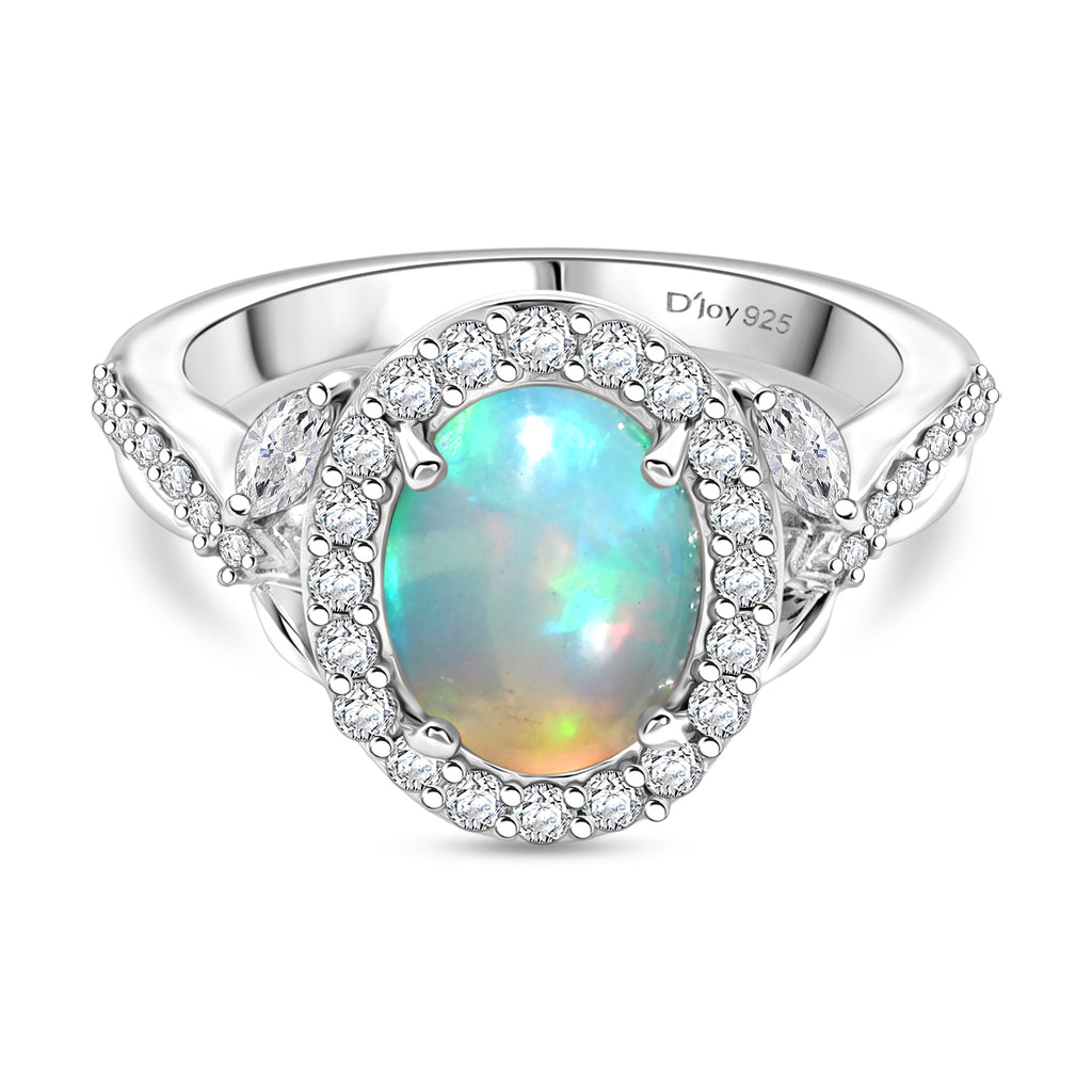 Royal Bali Collection - D'Joy Ethiopian Opal & Moissanite Halo Ring in Rhodium Overlay Sterling Silver 1.50 Ct._8599354