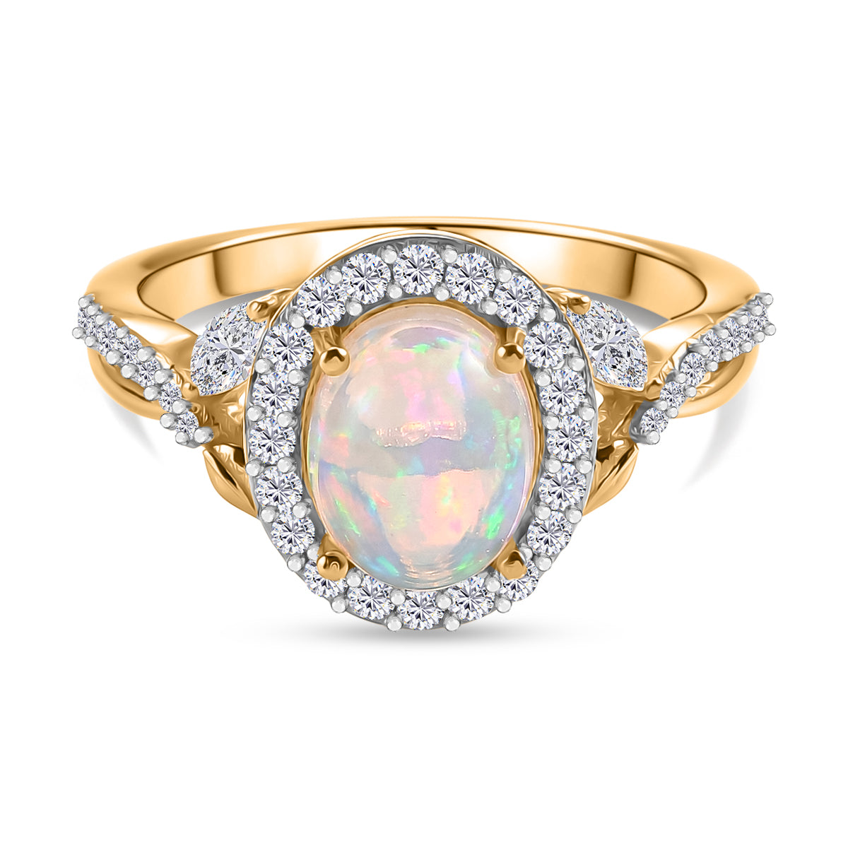D'Joy Ethiopian Opal &amp; Moissanite Halo Ring in 18K Vermeil Yellow Gold Plated Sterling Silver 1.50 Ct. V32523384 0