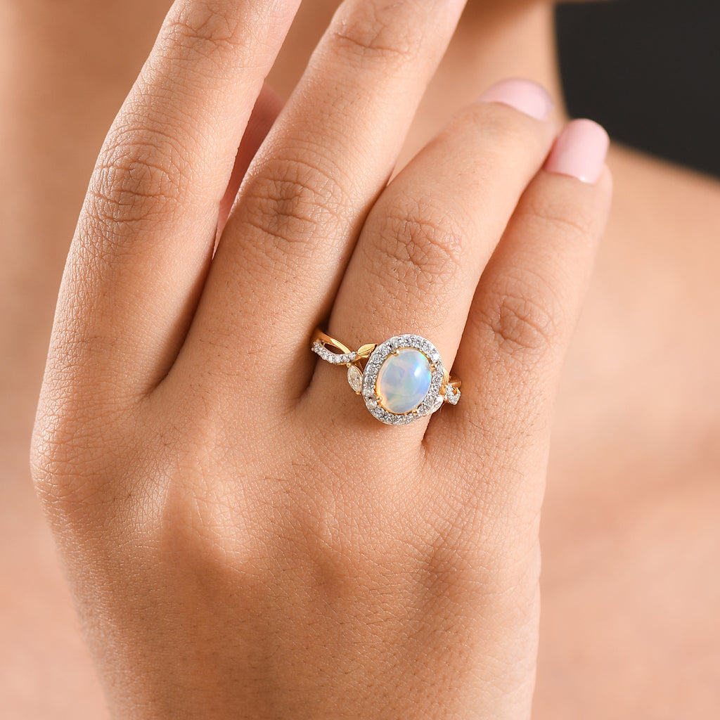 Royal Bali Collection - D'Joy Ethiopian Opal & Moissanite Halo Ring in 18K Vermeil Yellow Gold Plated Sterling Silver 1.50 Ct._8599361_1