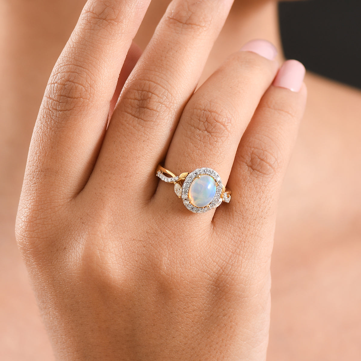 D'Joy Ethiopian Opal &amp; Moissanite Halo Ring in 18K Vermeil Yellow Gold Plated Sterling Silver 1.50 Ct. V32523384 2