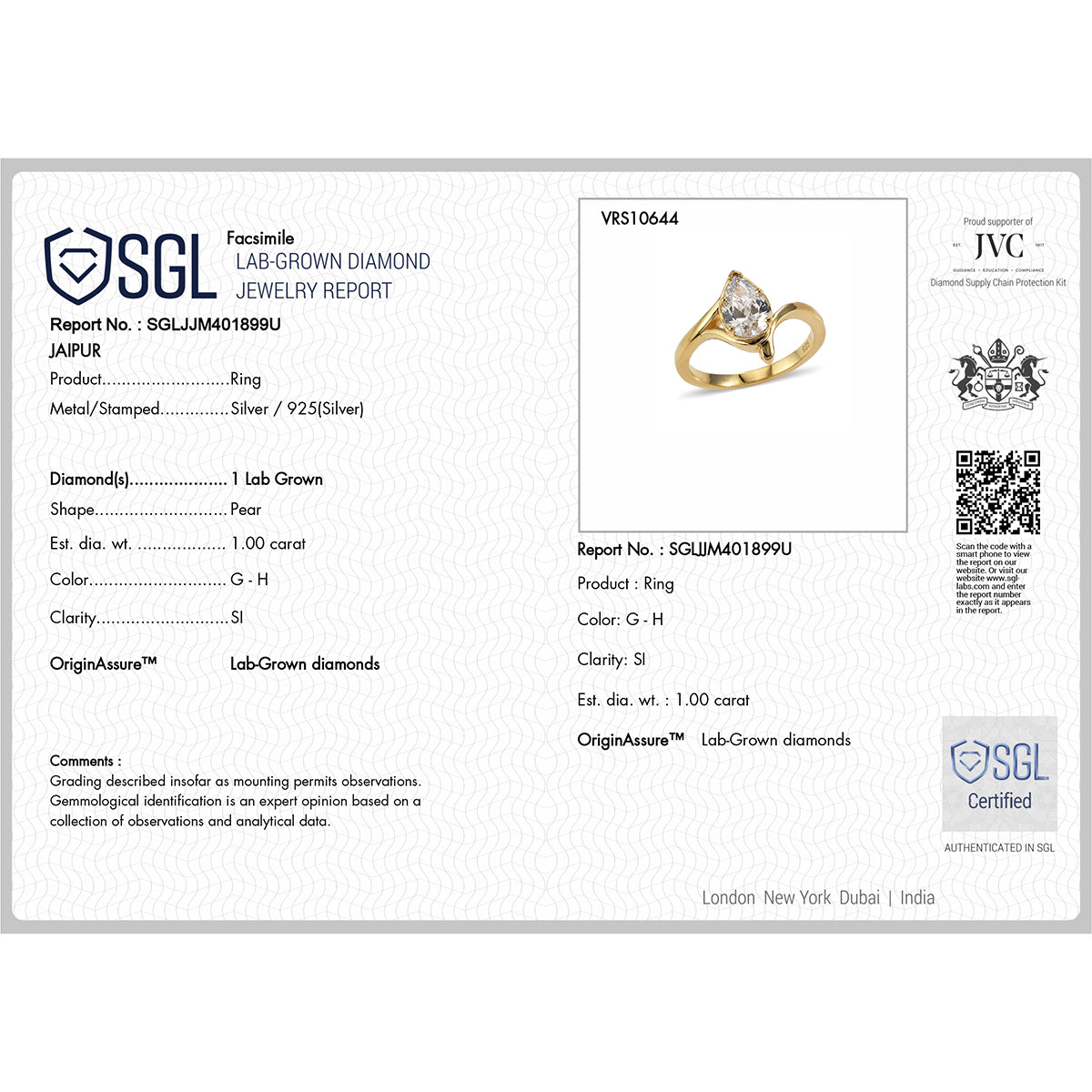 Lucy Q - SGL Certified Lab Grown Diamond (SI-G-H) Drop Solitaire Ring in 18K Vermeil Yellow Gold Plated Sterling Silver 1.00 Ct. 8600483 7