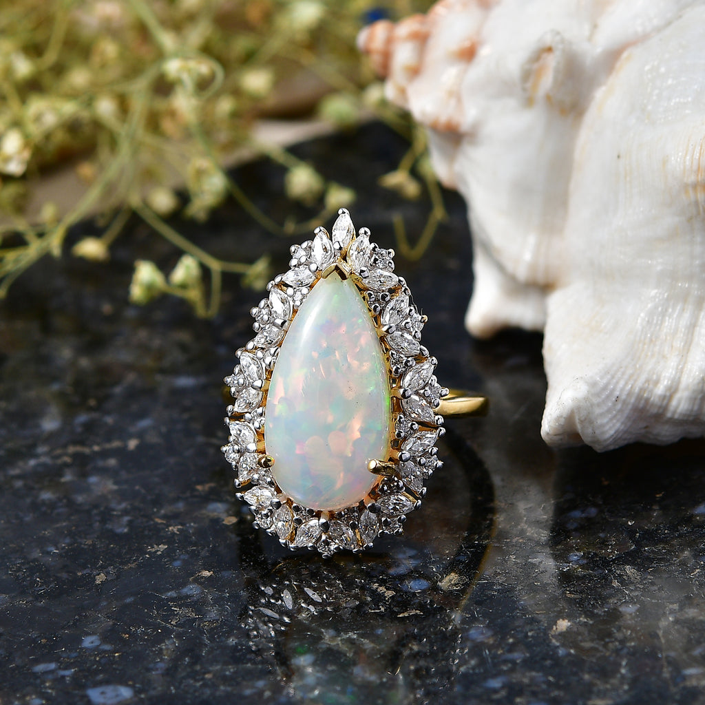 D'Joy - AAA Ethiopian Opal & Moissanite Halo Ring in 18K Vermeil Yellow Gold Plated Sterling Silver 5.40 Ct._8600485_2