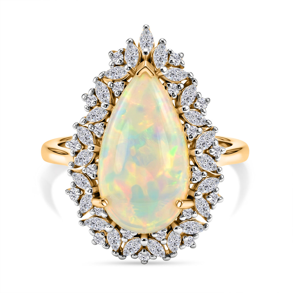 D'Joy - AAA Ethiopian Opal & Moissanite Halo Ring in 18K Vermeil Yellow Gold Plated Sterling Silver 5.40 Ct._8600487
