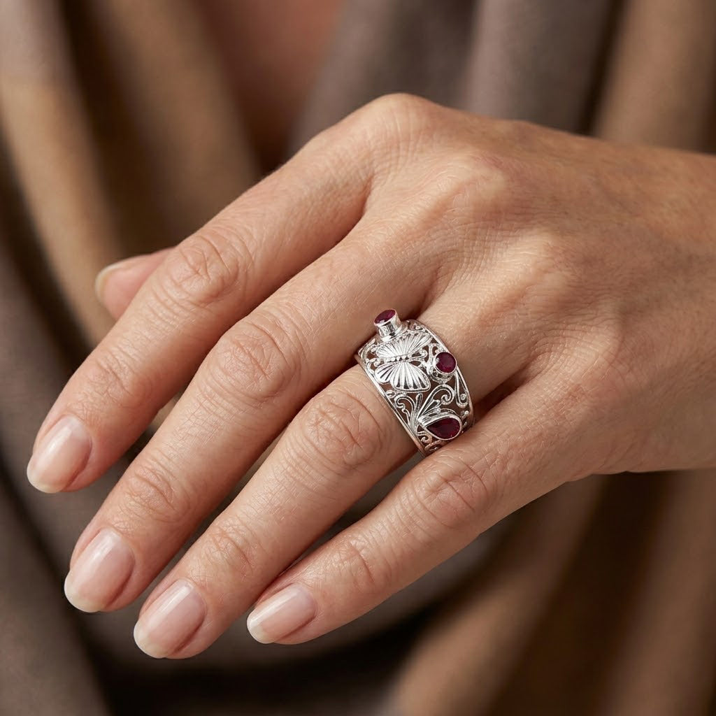 Royal Bali Collection - D'Joy Ruby Sterling Silver Butterfly Motif Band Ring_8600552_1