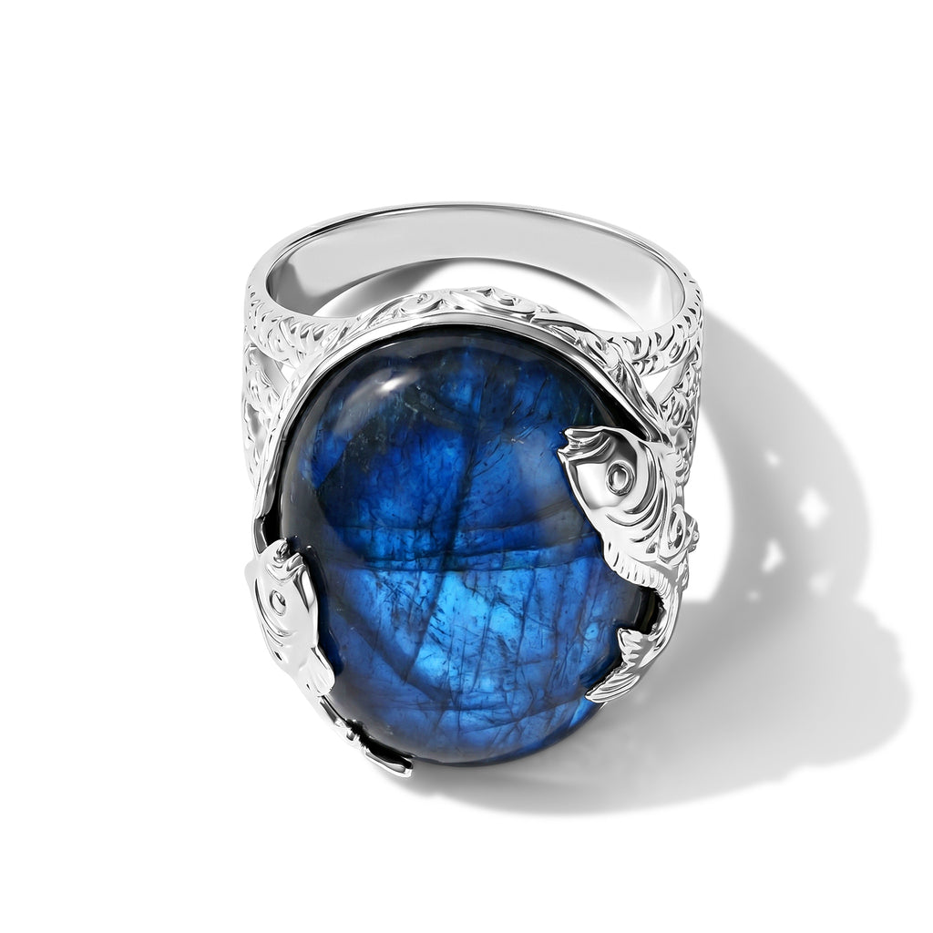 Royal Bali Collection - D'Joy Labradorite Sterling Silver Solitaire Fish Motif Ring 20.10 Ct._8600674