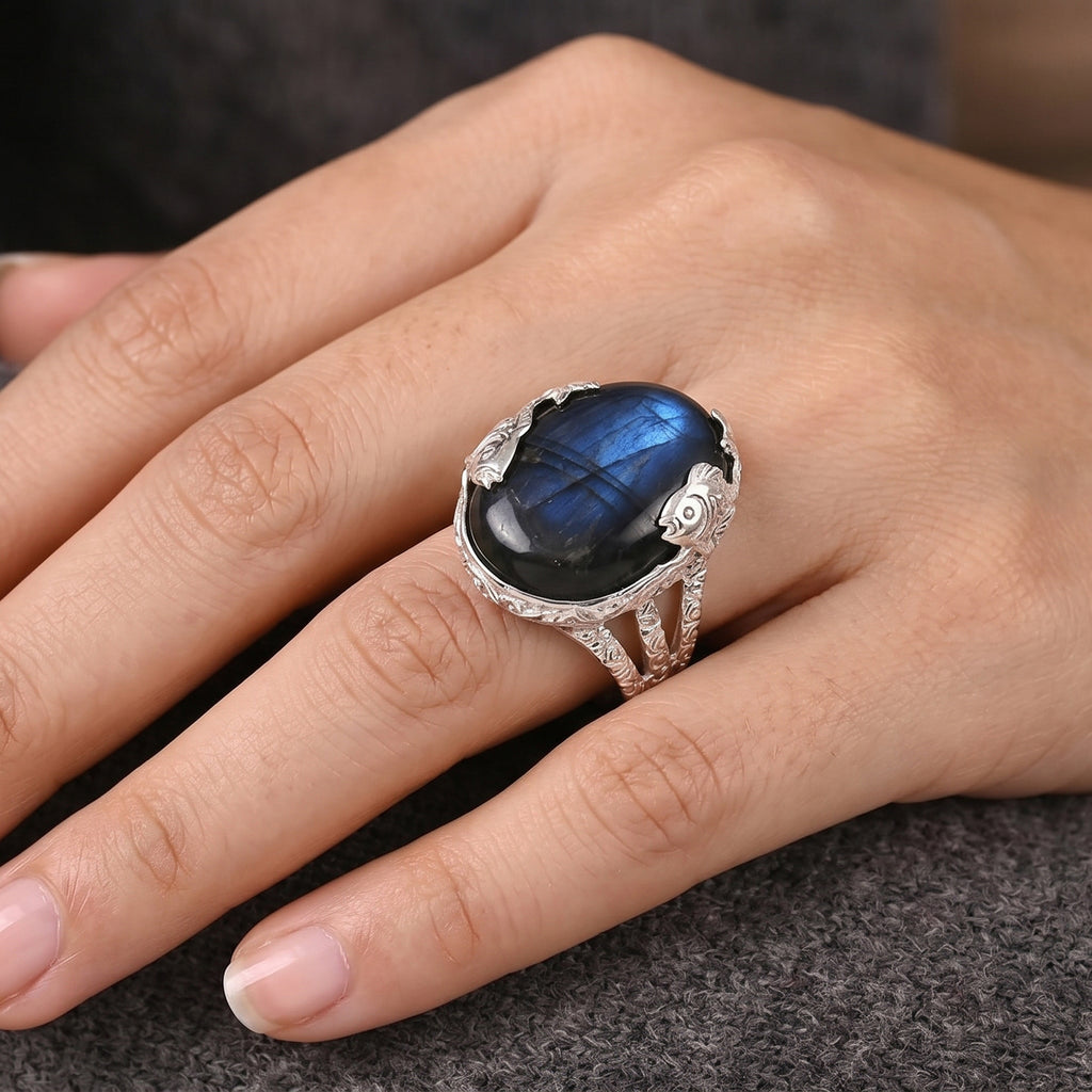 Royal Bali Collection - D'Joy Labradorite Sterling Silver Solitaire Fish Motif Ring 20.10 Ct._8600674_1