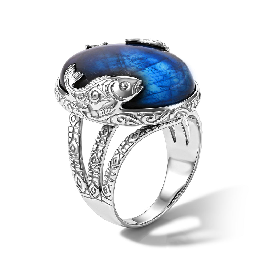 Royal Bali Collection - D'Joy Labradorite Sterling Silver Solitaire Fish Motif Ring 20.10 Ct._8600674_3