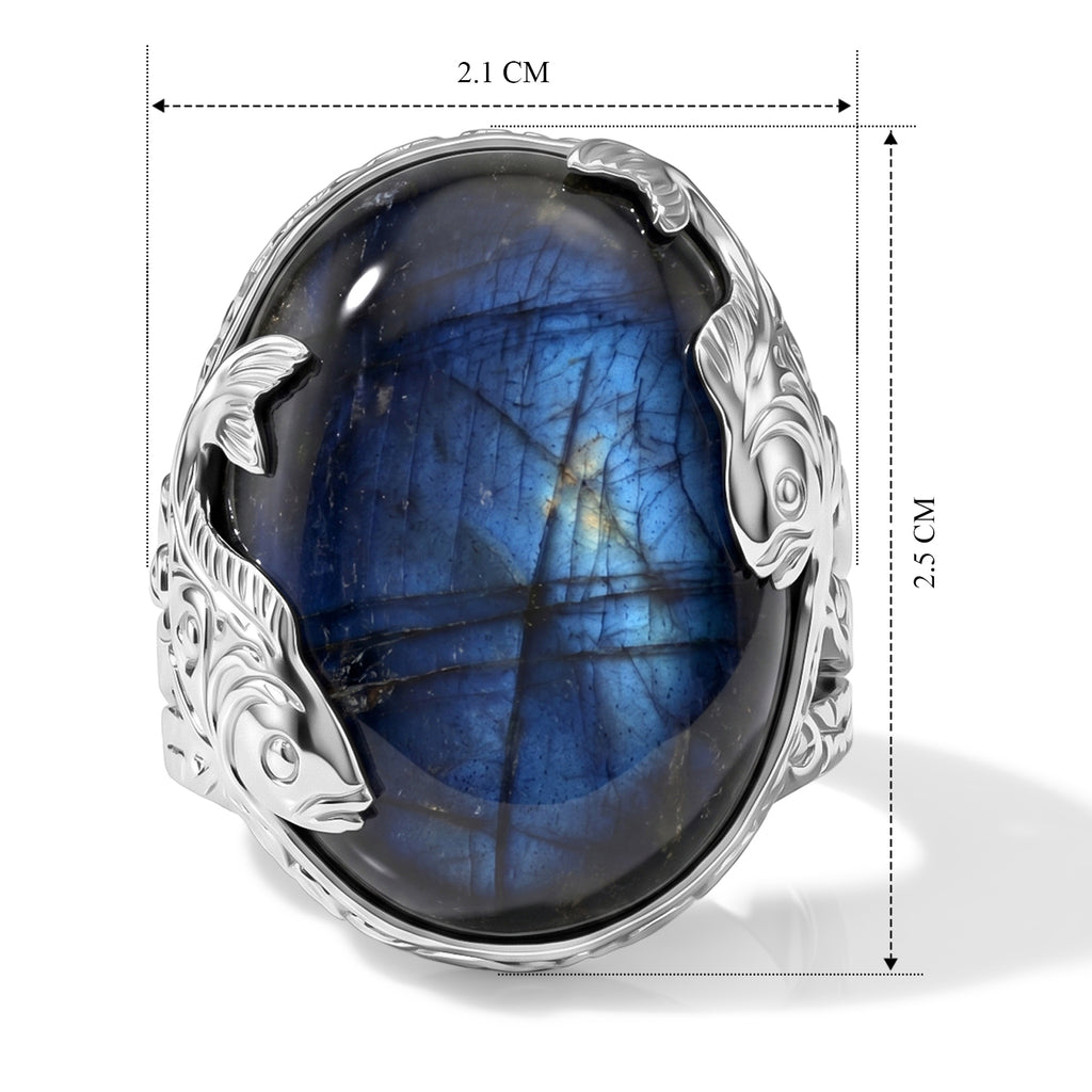 Royal Bali Collection - D'Joy Labradorite Sterling Silver Solitaire Fish Motif Ring 20.10 Ct._8600674_5