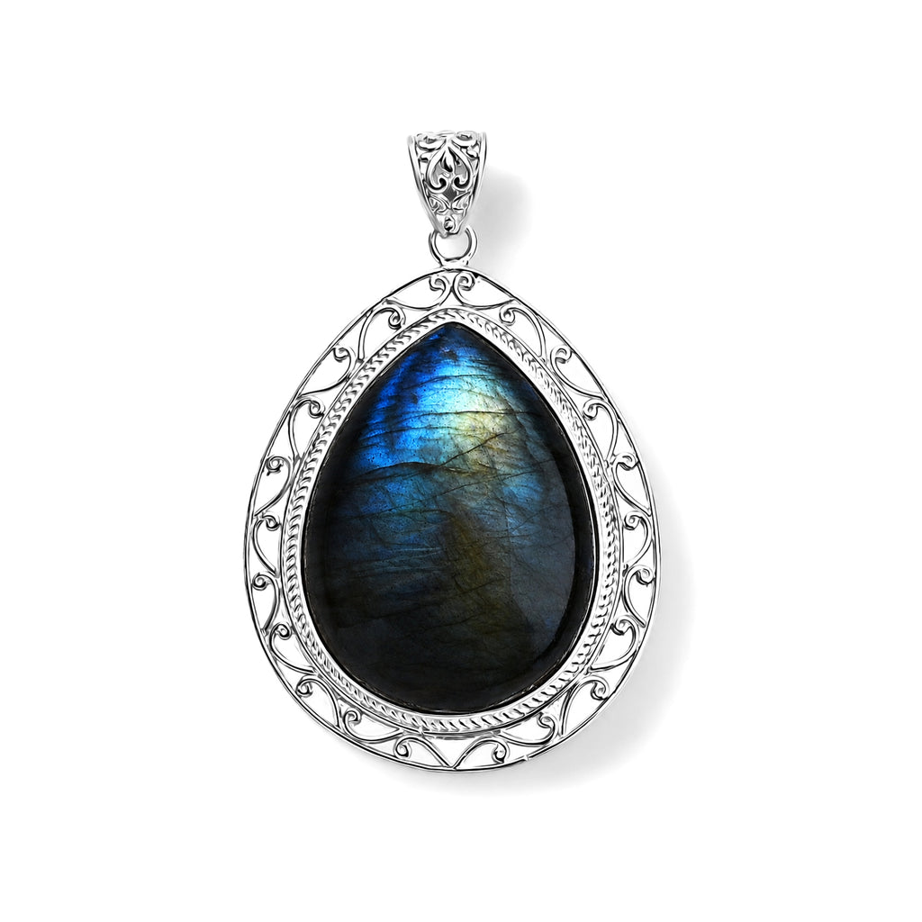 Royal Bali Collection - D'Joy Labradorite Sterling Silver Pear Cut Solitaire Pendant 88.40 Ct, Silver Wt. 12.00 Gms_8601314