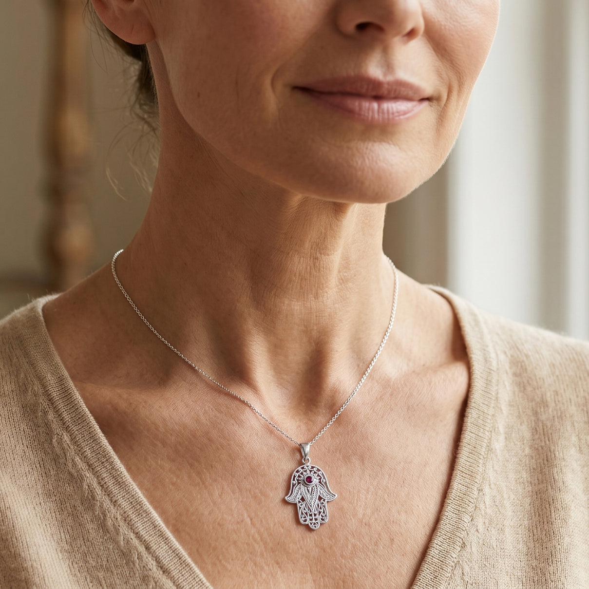 Royal Bali Collection - Fissure Filled Ruby Sterling Silver Hamsa Pendant 8601463 2