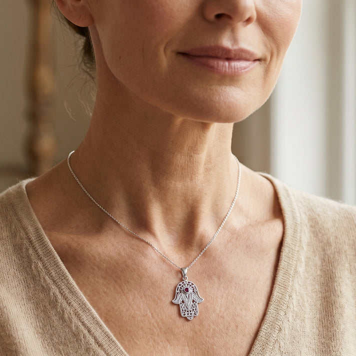 Royal Bali Collection - Fissure Filled Ruby Sterling Silver Hamsa Pendant 8601463 2