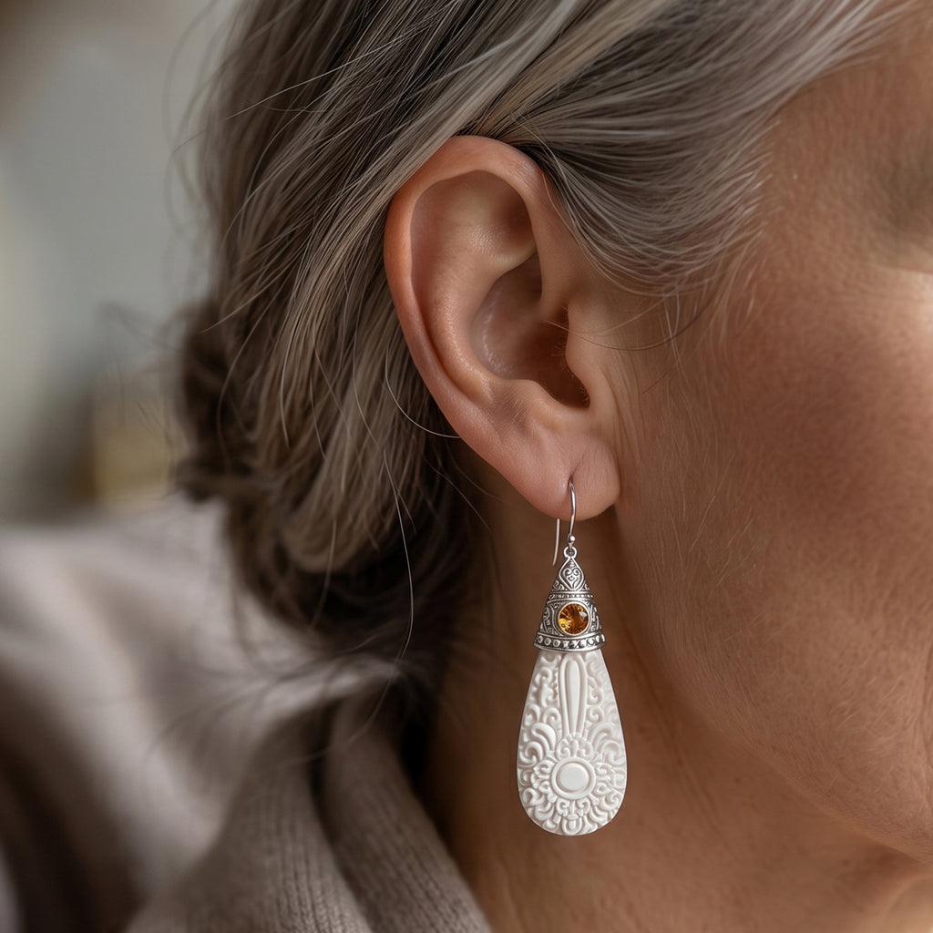 Royal Bali Collection - D'Joy Ox Bone & Citrine Sterling Silver Dangle Earring with Hook 19.74 Ct._8601559_1
