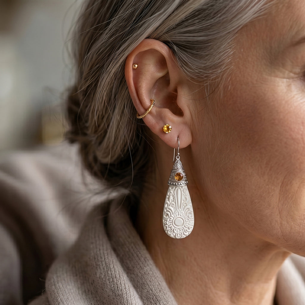 Royal Bali Collection - D'Joy Ox Bone & Citrine Sterling Silver Dangle Earring with Hook 19.74 Ct._8601559_2
