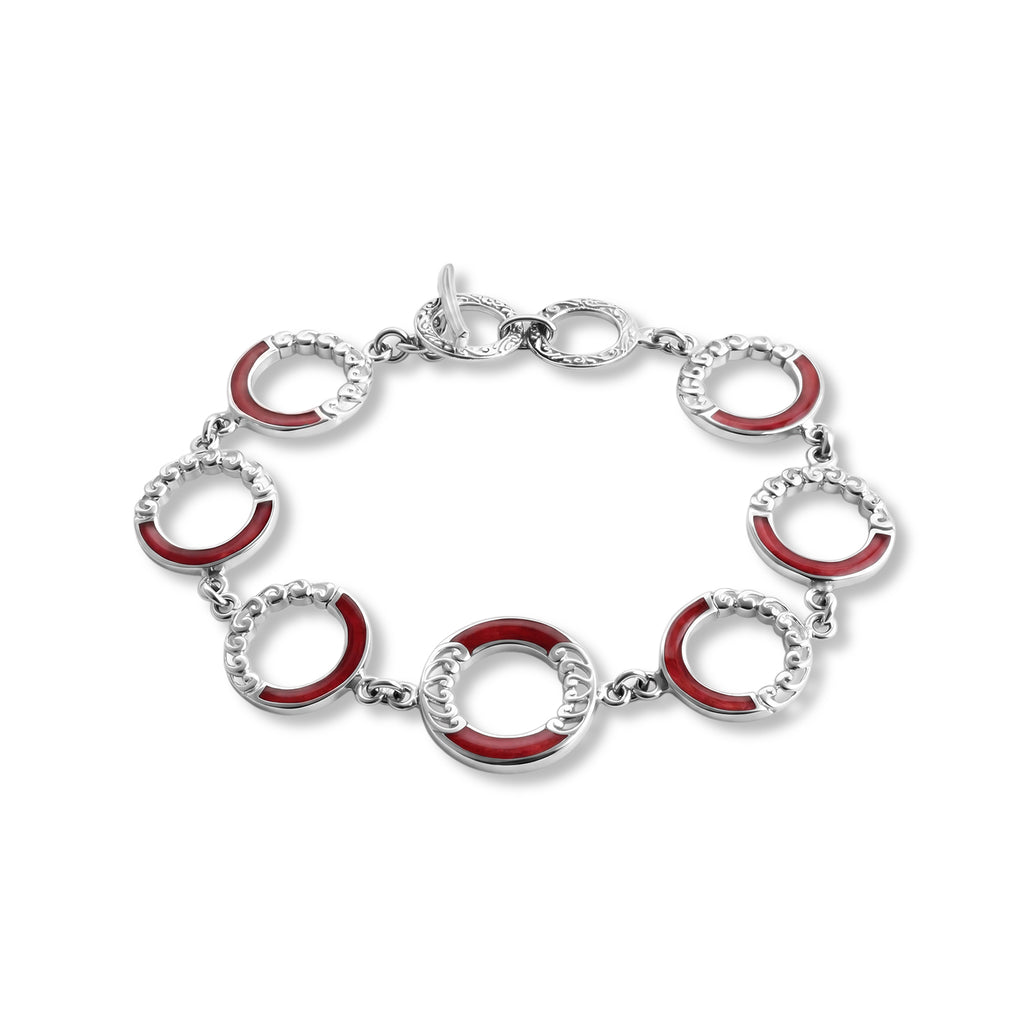Royal Bali Collection - D'Joy Red Coral Sterling Silver Link Bracelet (Size - 7.5) with T Bar Clasp, Silver Wt.10.50 Gms_8602080