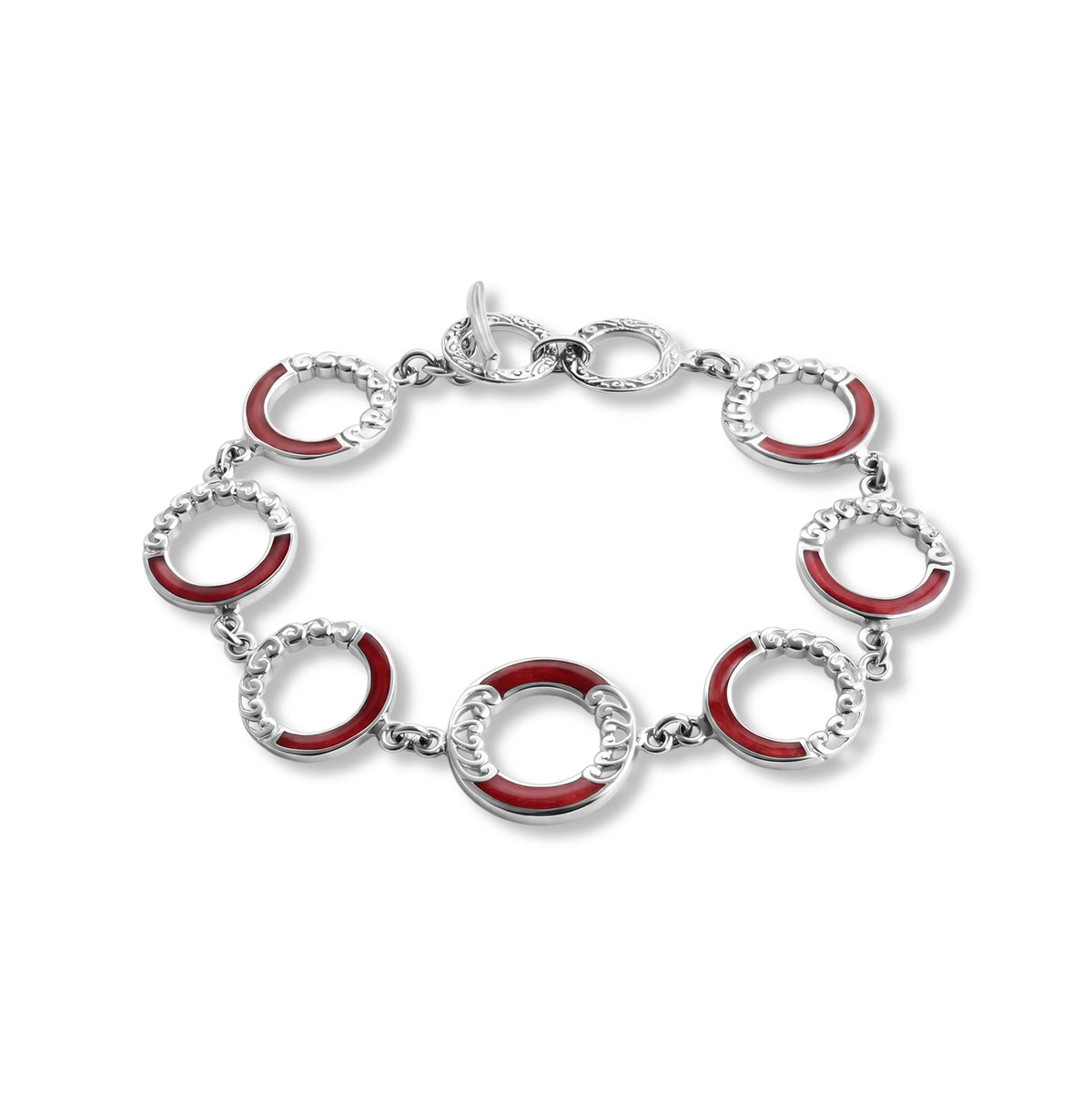 D'Joy Red Coral Sterling Silver Link Bracelet (Size - 7.5) with T Bar Clasp, Silver Wt.10.50 Gms V32639852 0