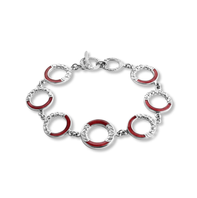 Royal Bali Collection - D'Joy Red Coral Sterling Silver Link Bracelet (Size - 7.5) with T Bar Clasp, Silver Wt.10.50 Gms_8602080