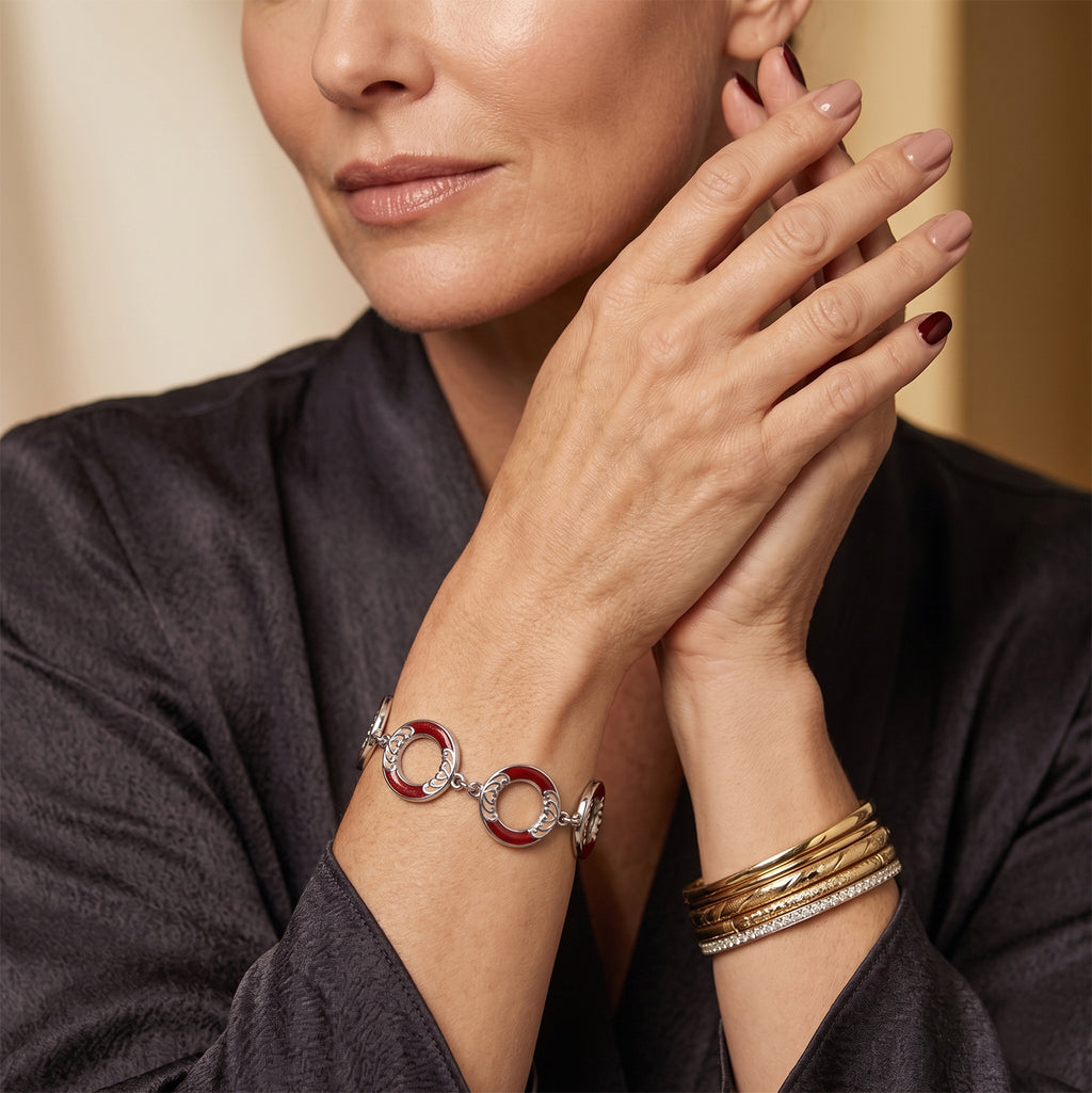 Royal Bali Collection - D'Joy Red Coral Sterling Silver Link Bracelet (Size - 7.5) with T Bar Clasp, Silver Wt.10.50 Gms_8602080_2