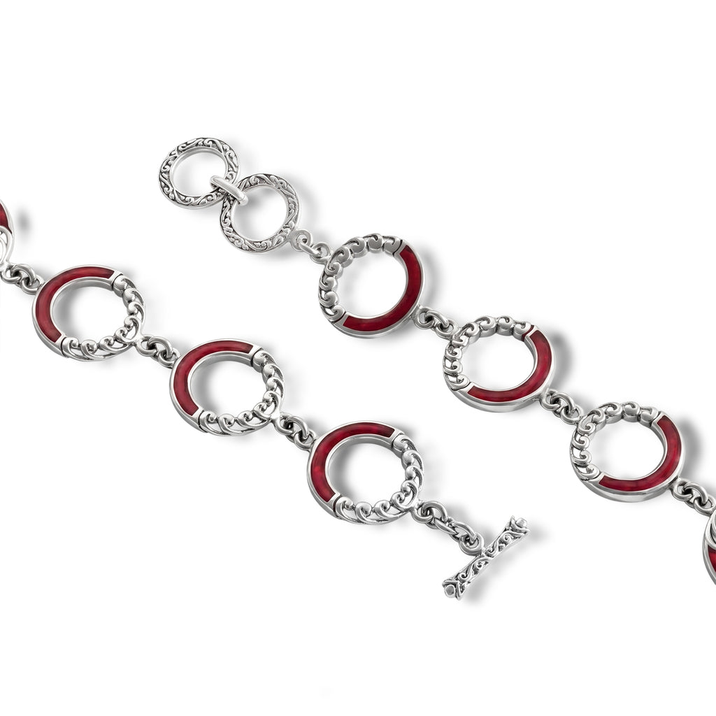 Royal Bali Collection - D'Joy Red Coral Sterling Silver Link Bracelet (Size - 7.5) with T Bar Clasp, Silver Wt.10.50 Gms_8602080_4