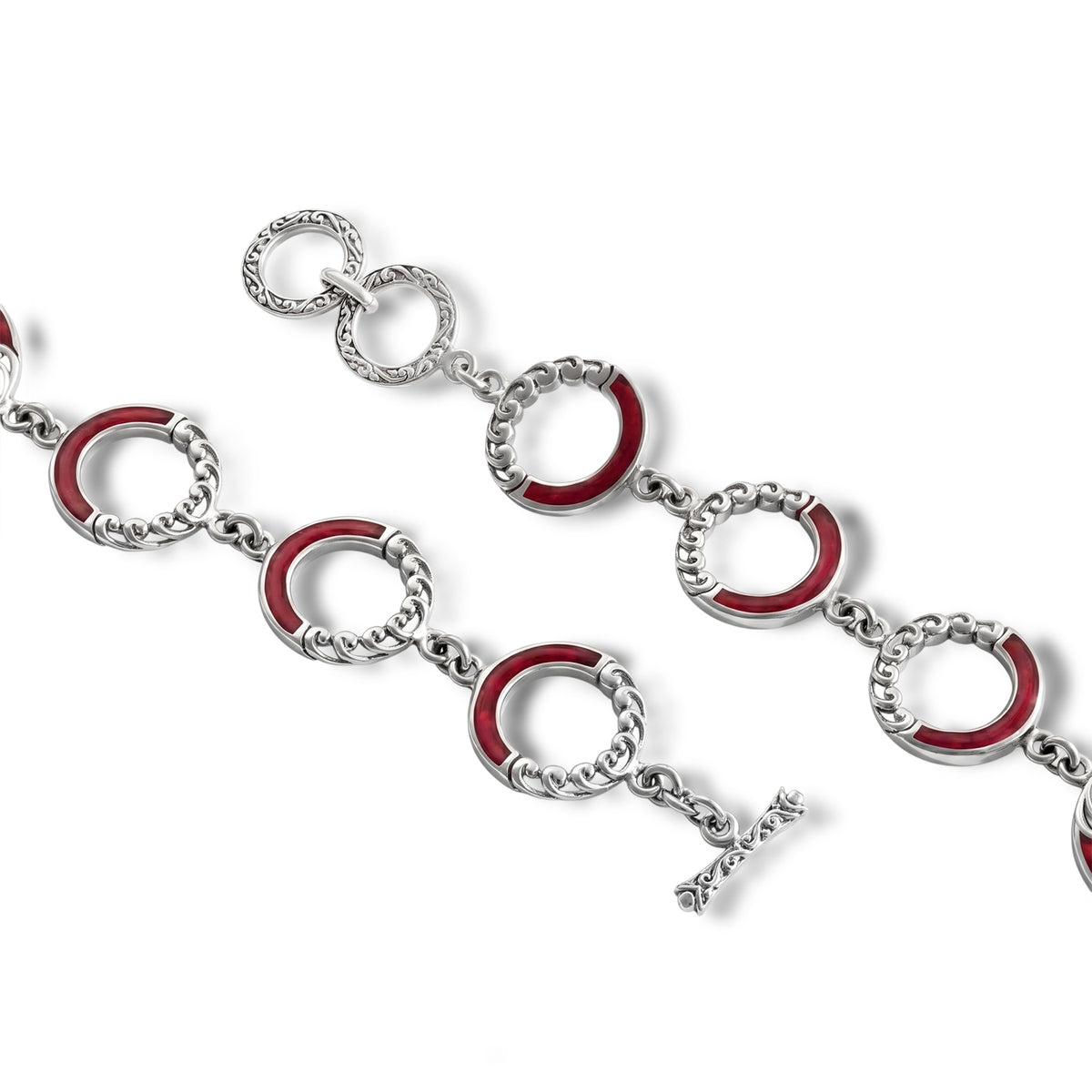 D'Joy Red Coral Sterling Silver Link Bracelet (Size - 7.5) with T Bar Clasp, Silver Wt.10.50 Gms V32639852 5