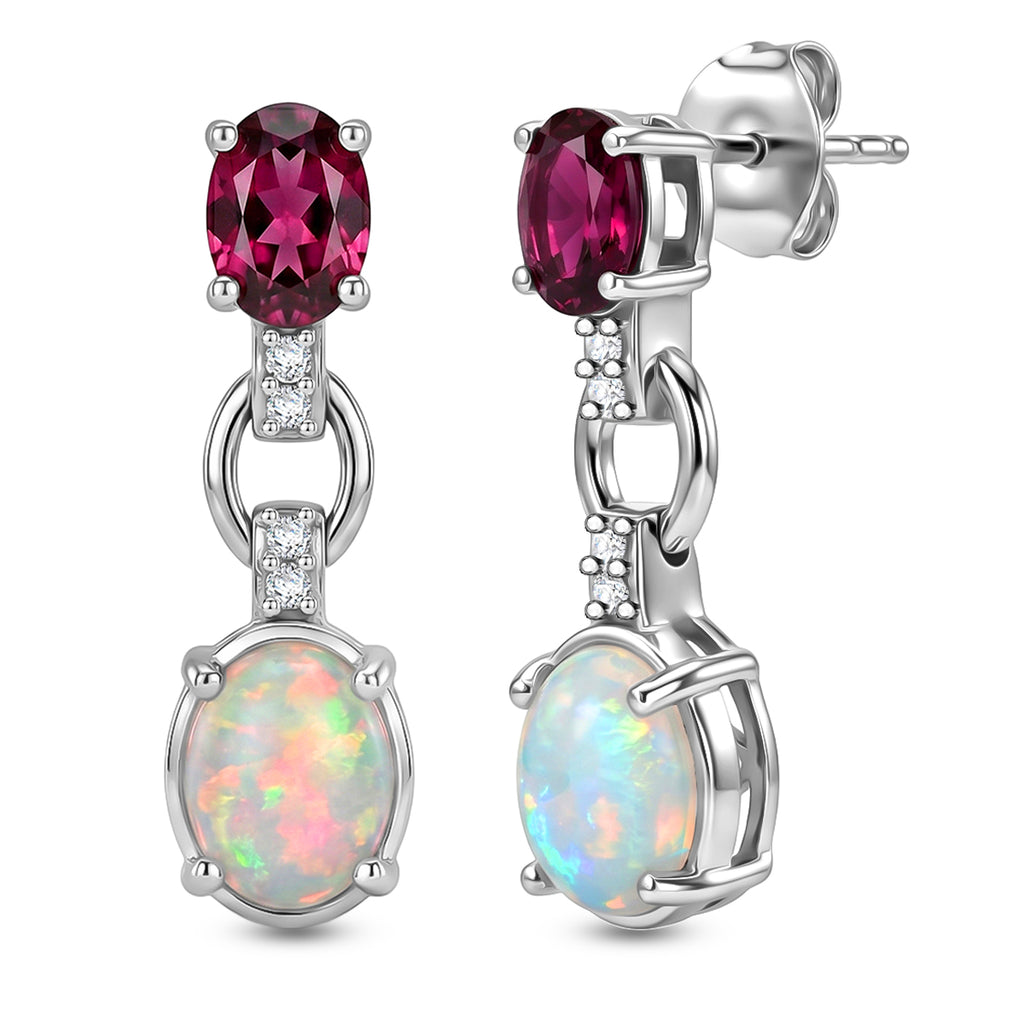 D'Joy - Ethiopian Opal, Rhodolite Garnet & White Zircon Dangling Earring with Push Back in Rhodium Overlay Sterling Silver 3.07 Ct._8604045