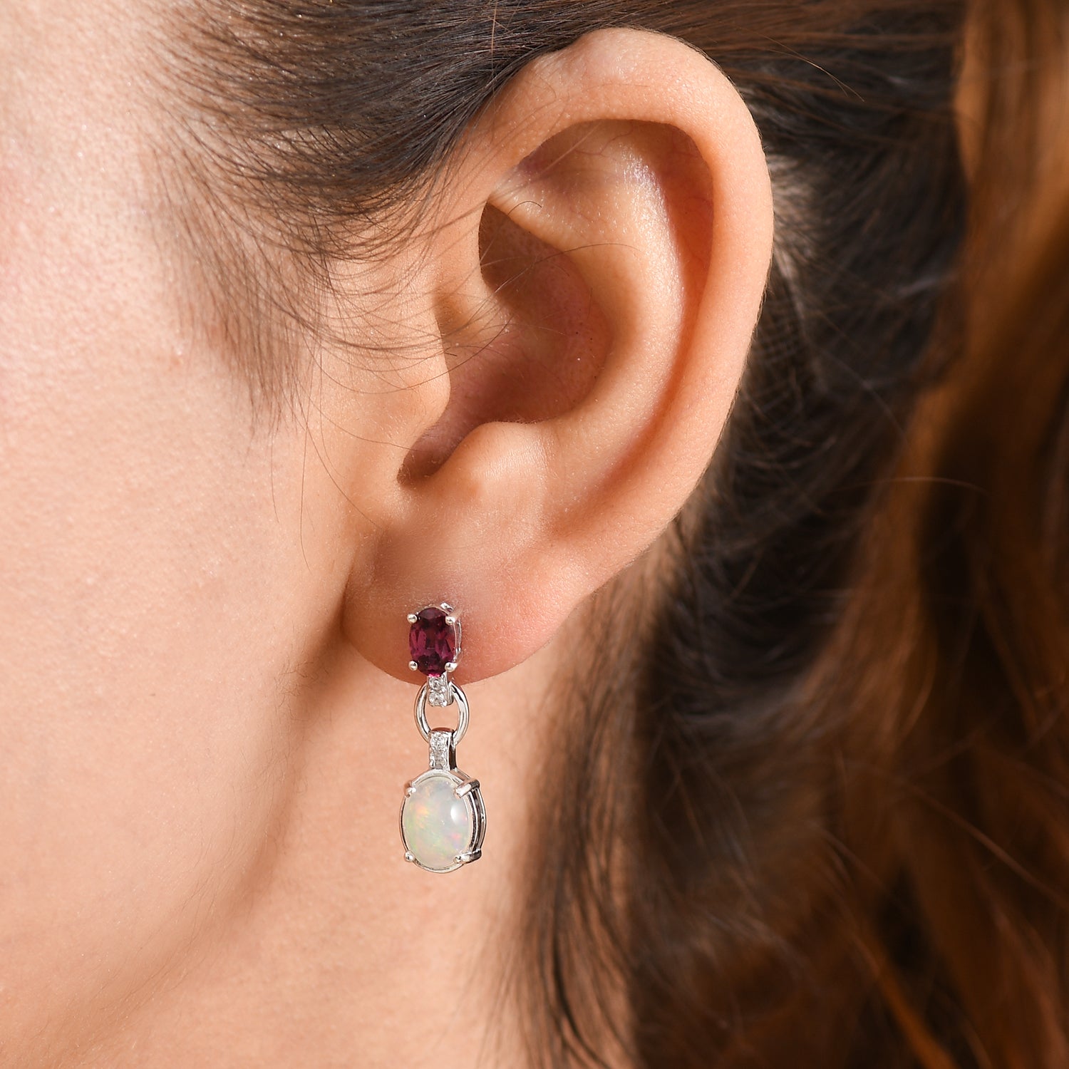D'Joy - Ethiopian Opal, Rhodolite Garnet &amp; White Zircon Dangling Earring with Push Back in Rhodium Overlay Sterling Silver 3.07 Ct. 8604045 2