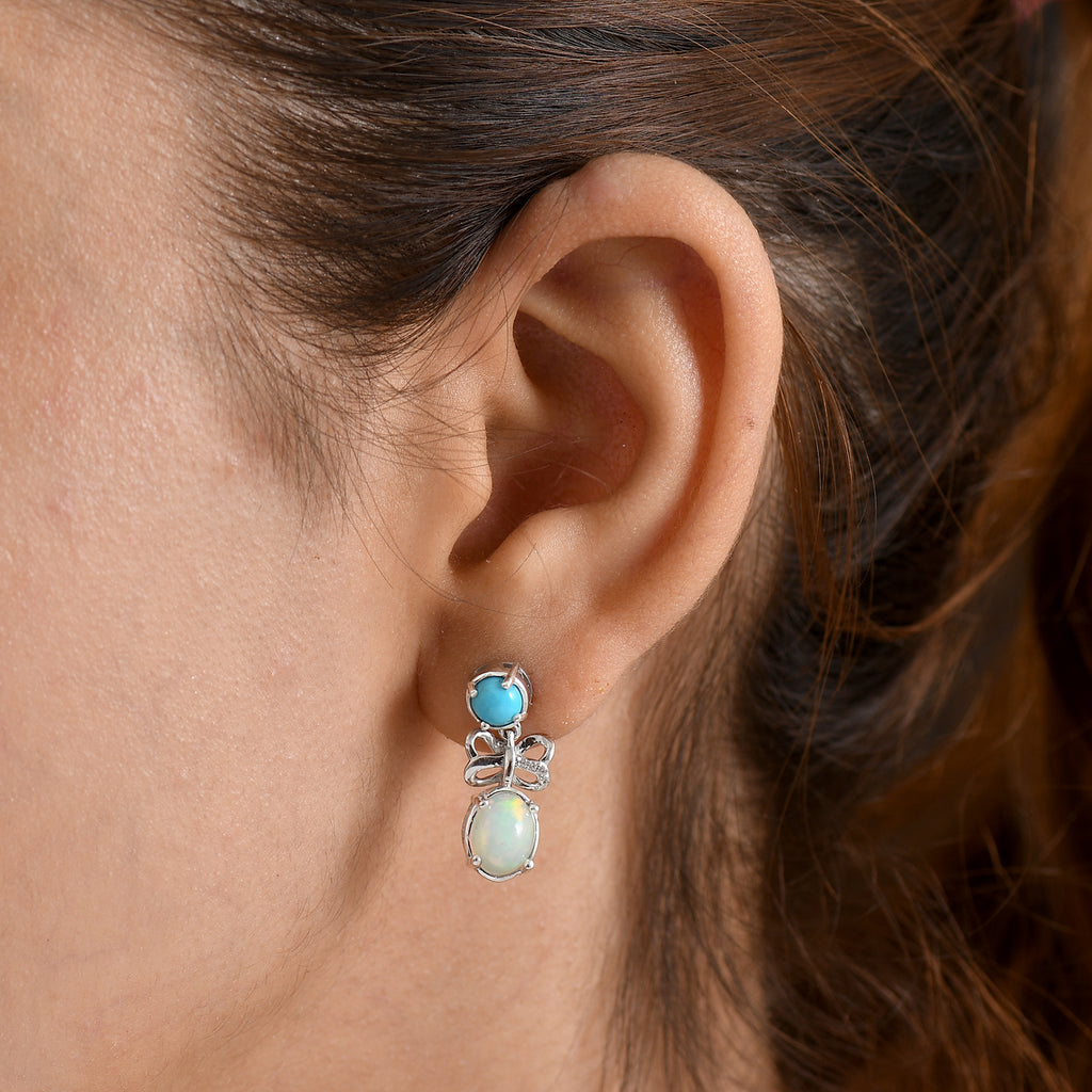 D'Joy - Ethiopian Opal, White Zircon & Sleeping Beauty Turquoise Dangling Earring with Push Back in Rhodium Overlay Sterling Silver 2.65 Ct._8604047_1