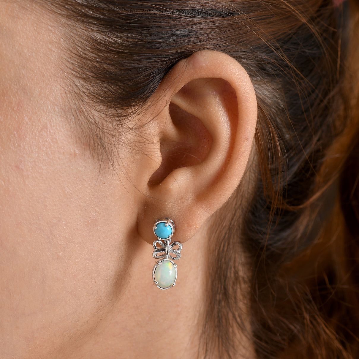 D'Joy - Ethiopian Opal, White Zircon &amp; Sleeping Beauty Turquoise Dangling Earring with Push Back in Rhodium Overlay Sterling Silver 2.65 Ct. 8604047 2