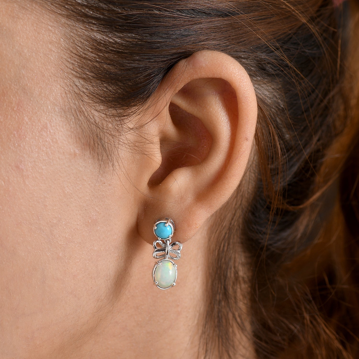 D'Joy - Ethiopian Opal, White Zircon &amp; Sleeping Beauty Turquoise Dangling Earring with Push Back in Rhodium Overlay Sterling Silver 2.65 Ct. 8604047 2