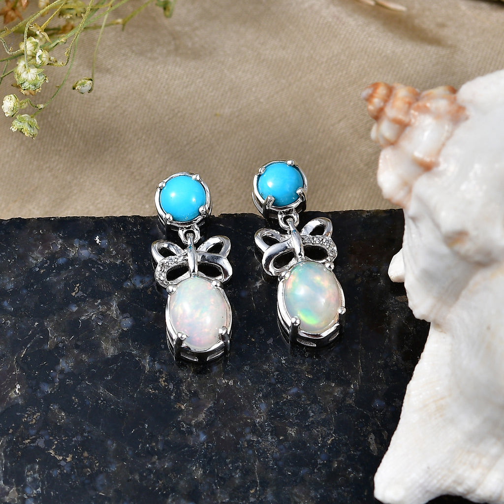 D'Joy - Ethiopian Opal, White Zircon & Sleeping Beauty Turquoise Dangling Earring with Push Back in Rhodium Overlay Sterling Silver 2.65 Ct._8604047_2