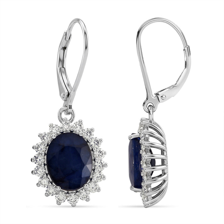 Luxuriant - Diffused Blue Sapphire (Oval 10x8 mm, 7.70Cts) &amp; Lab Grown Diamond (SI/G-H, 1.00Cts) Halo Earring with Lever Back in Rhodium Overlay Sterling Silver 7.60 Ct. 8604066 1