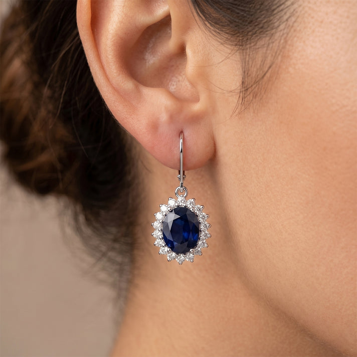 Luxuriant - Diffused Blue Sapphire (Oval 10x8 mm, 7.70Cts) &amp; Lab Grown Diamond (SI/G-H, 1.00Cts) Halo Earring with Lever Back in Rhodium Overlay Sterling Silver 7.60 Ct. 8604066 2