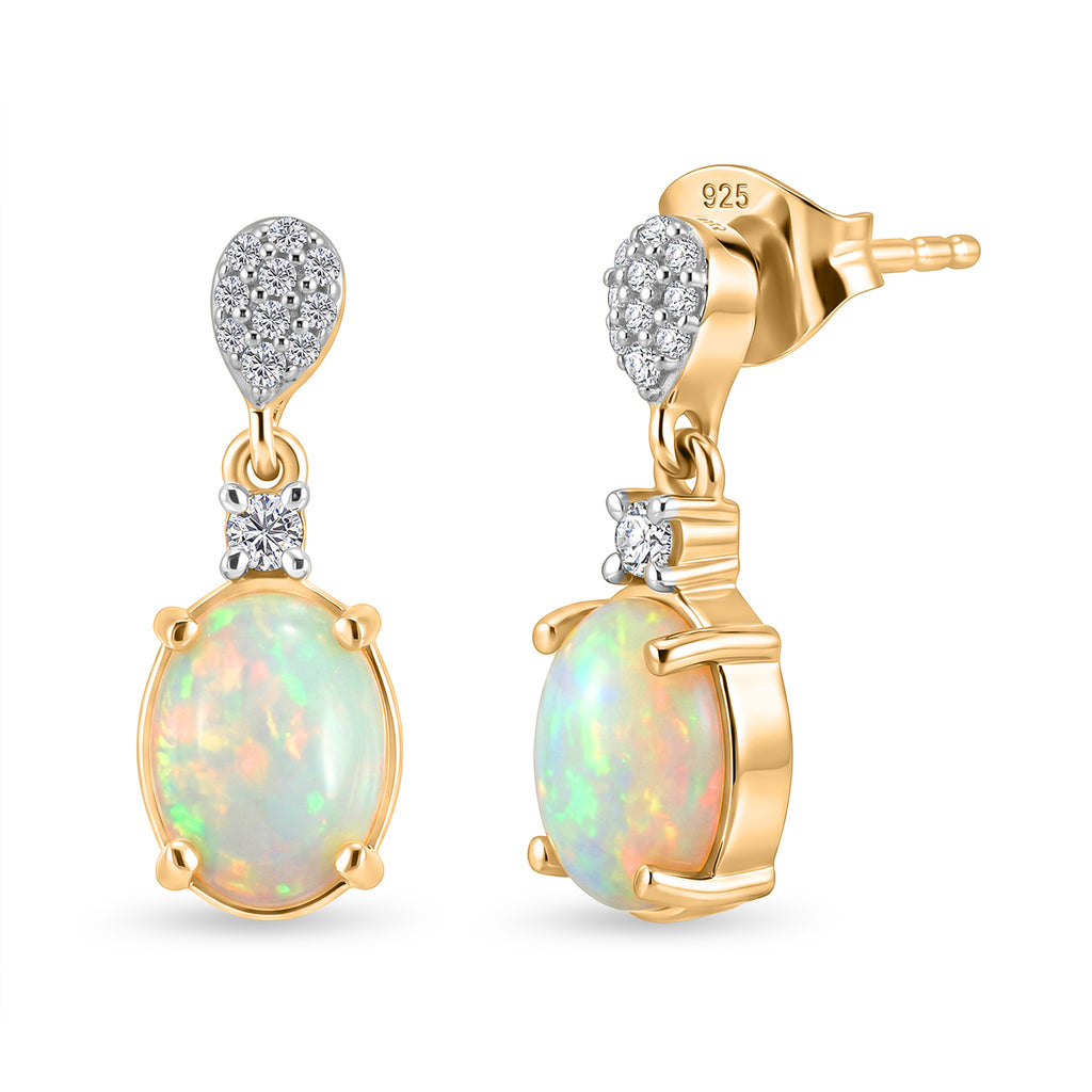 D'Joy - Ethiopian Opal & White Zircon Dangling Earring with Push Post in Yellow Gold Plated Sterling Silver 2.10 Ct._8604069