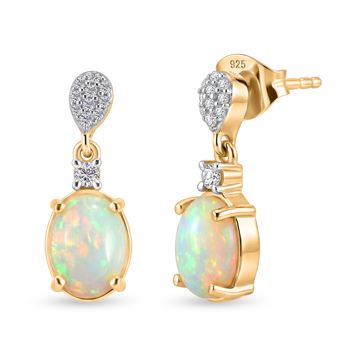 D'Joy - Ethiopian Opal &amp; White Zircon Dangling Earring with Push Post in Yellow Gold Plated Sterling Silver 2.10 Ct. 8604069 0