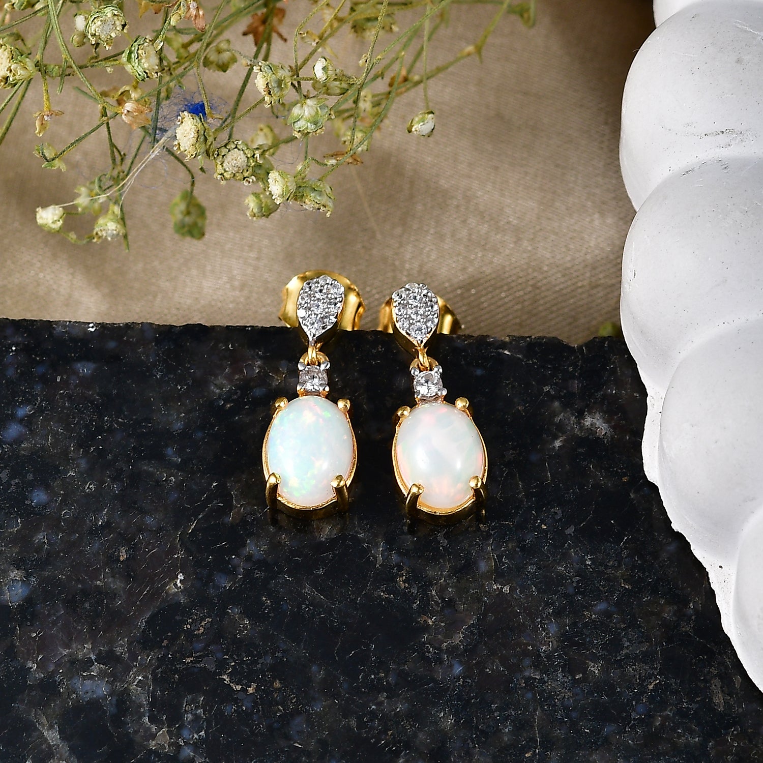 D'Joy - Ethiopian Opal &amp; White Zircon Dangling Earring with Push Post in Yellow Gold Plated Sterling Silver 2.10 Ct. 8604069 3